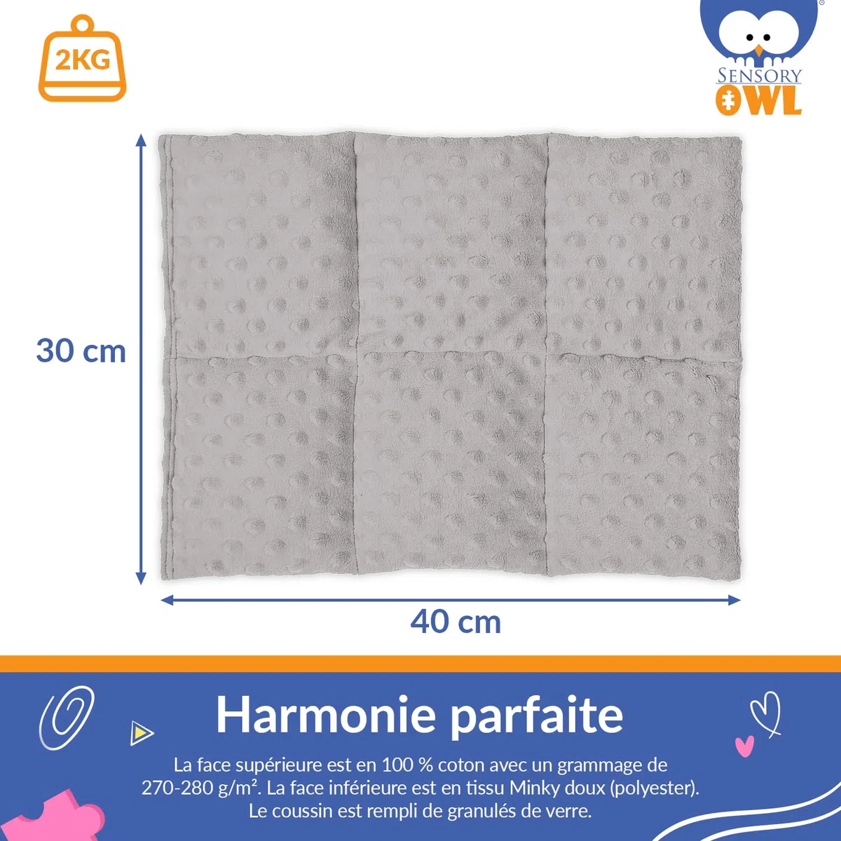 Coussin Lesté Coussin Pondéré pour Genoux Thérapeutique en Coton Tissu Minky pour Enfants Adultes Réduction du Stress 30 x 40 cm 2 kg Noir Gris