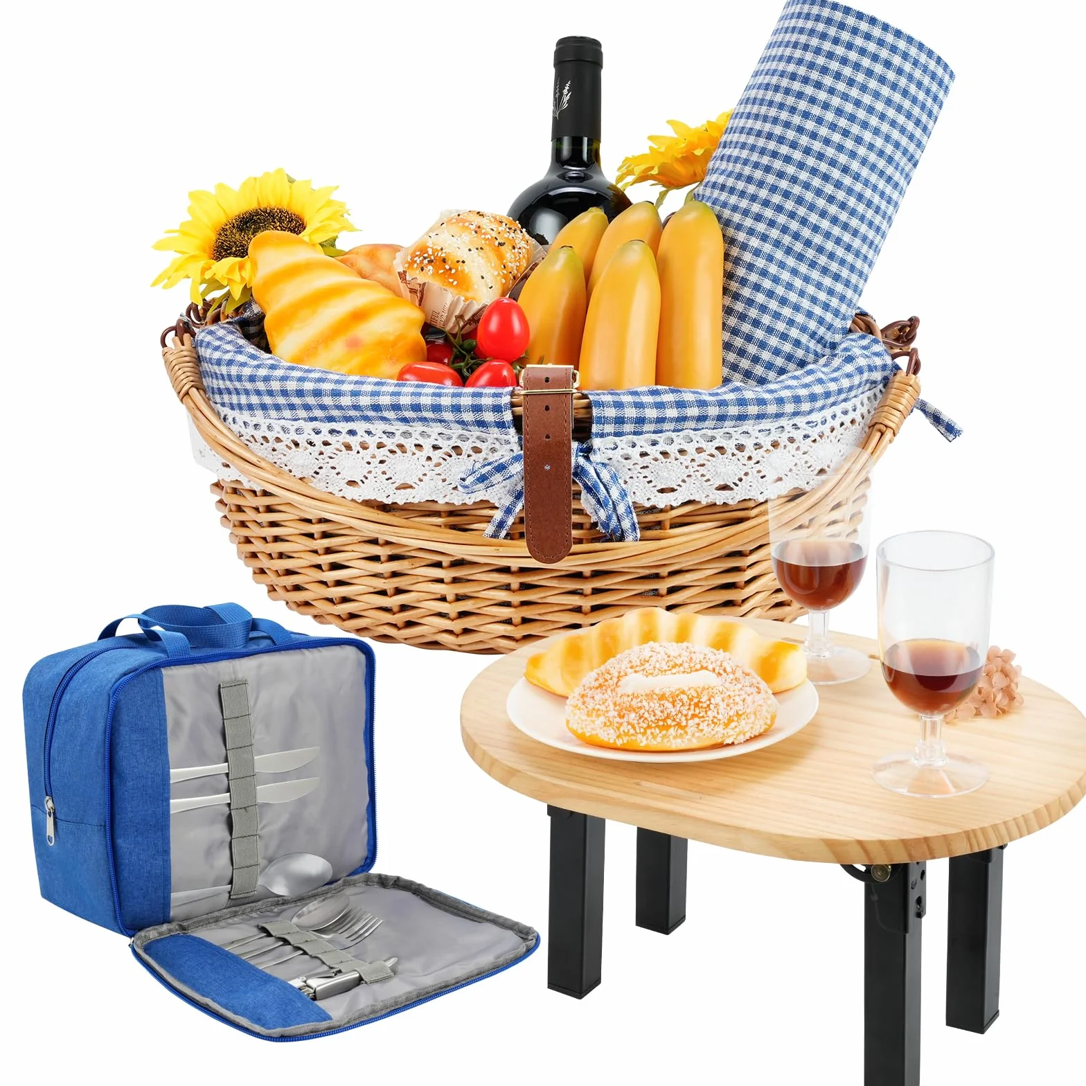 Set de Panier Pique-Nique en Osier pour 2 Personnes avec Table détachable,Sac fourre-Tout à Couverts,Couverture Imperméable, Doublure intérieure Amovible,pour Camping, Plage, Famille/Couple Cadeaux