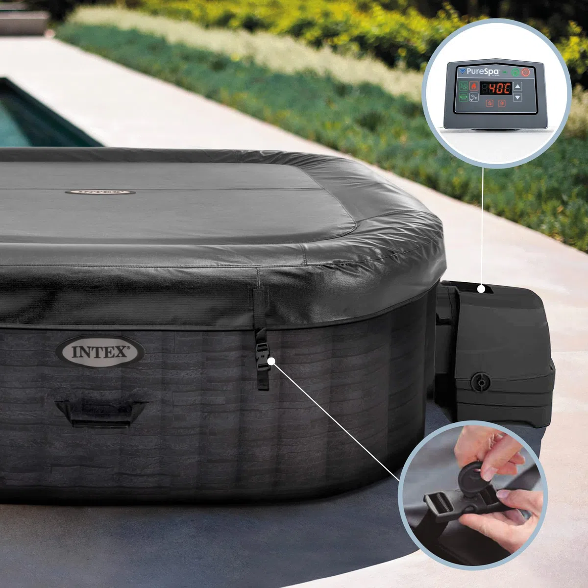 Intex Spa Gonflable carré Greystone Deluxe 4 Personnes, 175 x 175 x 71 cm, Chauffage 2 200 W, Bulles air Chaud, chlorateur salin, épurateur avec Filtre S2 (1 741 l/h), Accessoires Inclus (55093)