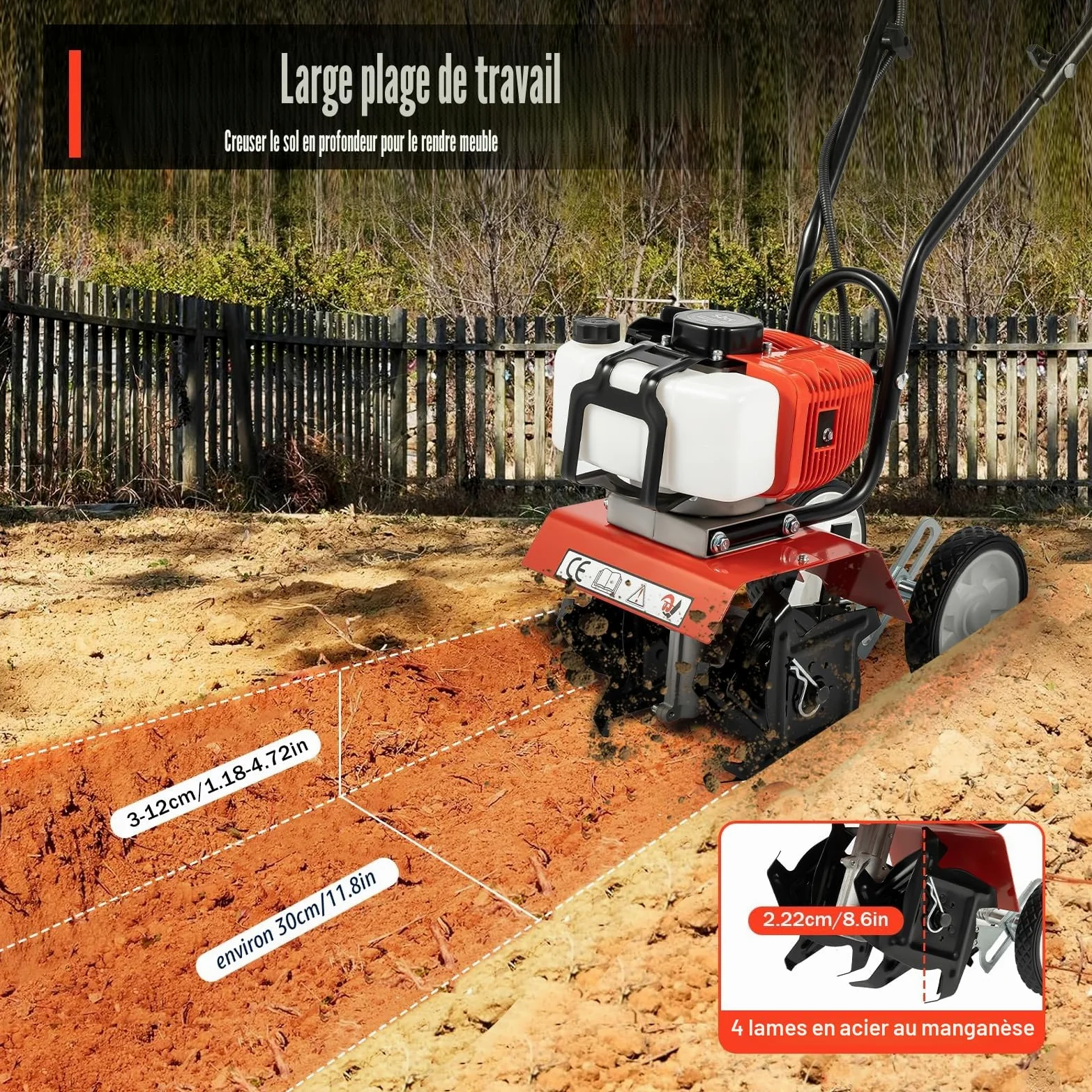 Motoculteur à essence 52CC 2 temps avec 4 lames en acier, largeur de travail de 35 cm, roues réglables en hauteur pour creuser et enlever les mauvaises herbes