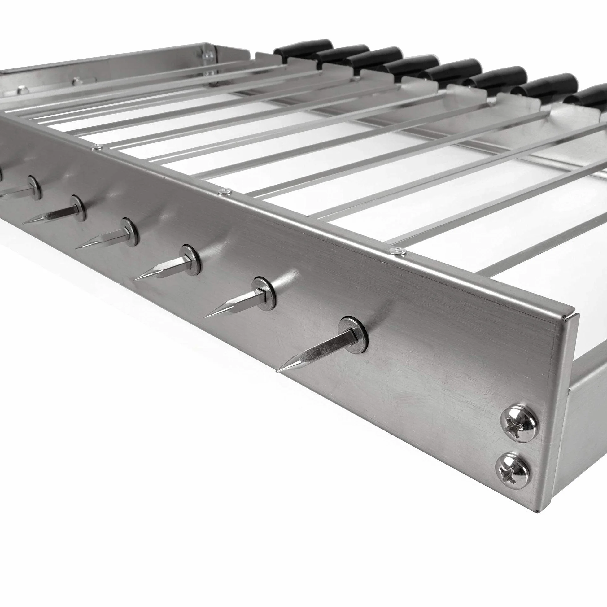 BBQ-Toro Tourne-Broche électrique | Acier Inoxydable - avec 11 brochettes et Moteur - Taille réglable 70 x 26-40 cm - avec Prise d'alimentation et USB - Mangal Chachlik (Moteur Avant Gauche)