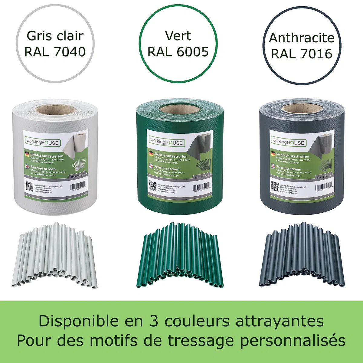 PVC WorkingHOUSE Brise-Vue pour Clôture Double Barre 650g/m² 35 m x 19 cm, Brise-Vue de Clôture, Décoration de Jardin, Résistant aux Intempéries, Sans Entretien