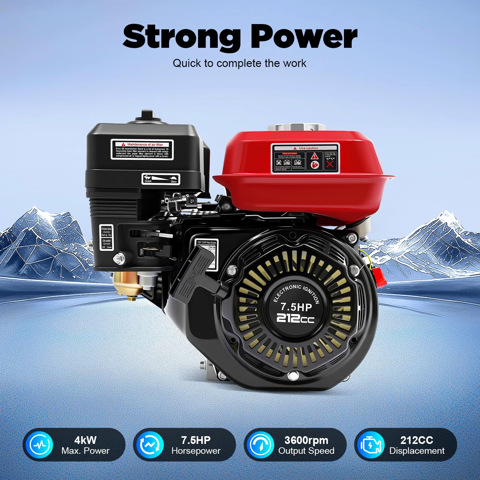 7.5CV Moteur Thermique 4 Temps, OHV Moteur à Essence, Monocylindre, 3600 tr/min, pour Motoculteur, Tondeuse, Fraise à Neige, Refroidissement à air