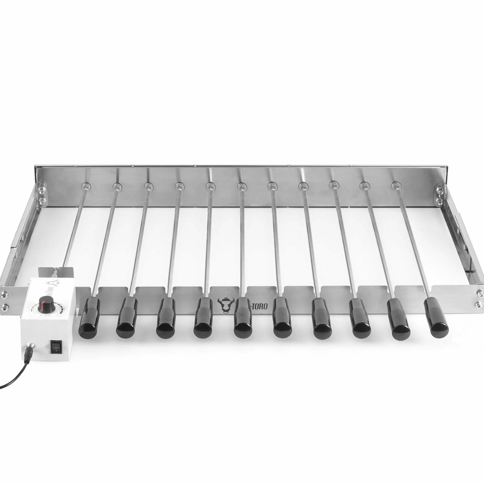 BBQ-Toro Tourne-Broche électrique | Acier Inoxydable - avec 11 brochettes et Moteur - Taille réglable 70 x 26-40 cm - avec Prise d'alimentation et USB - Mangal Chachlik (Moteur Avant Gauche)