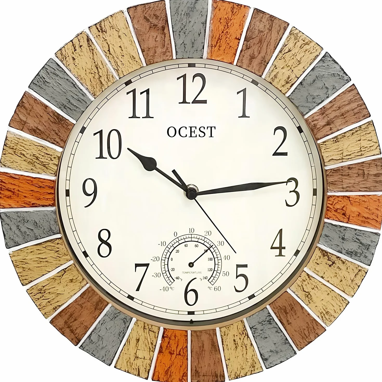 Ocest Grande horloge murale d'extérieur et d'intérieur étanche avec thermomètre, résistante aux intempéries, sans tic-tac, fonctionne avec des piles, jardin, salle de bain