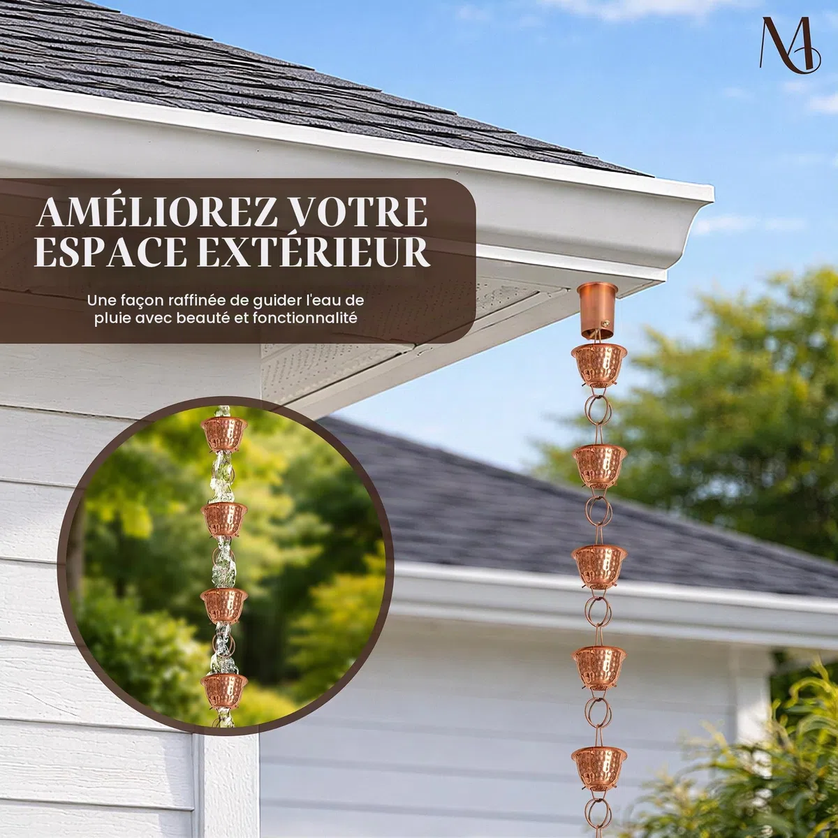Monarch Rain Chains 26558, haîne de Pluie forgée en cuivre Pur, pour gouttières, Longueur 2,6 m
