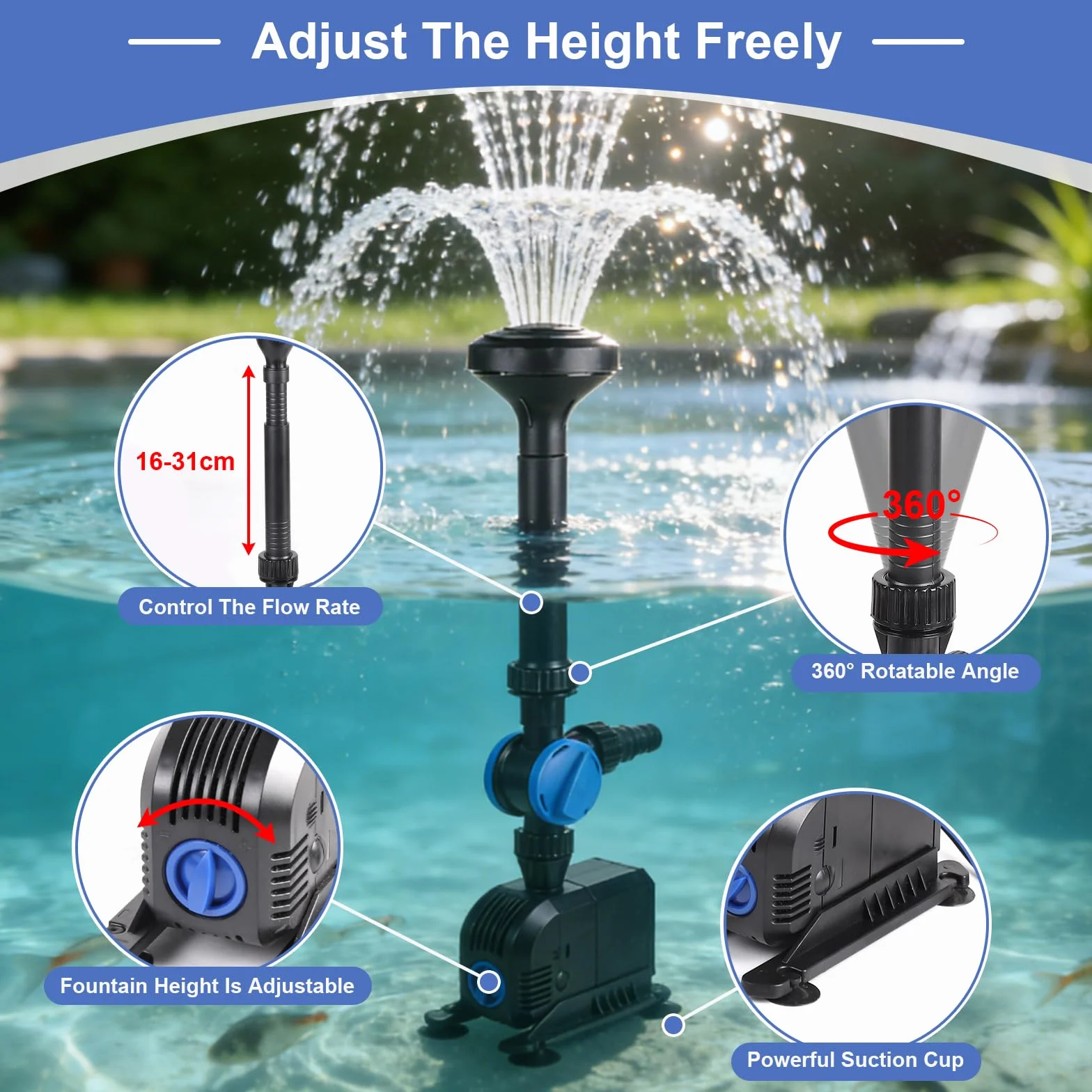 EFUTURETIME Pompe de Bassin 3000 L/H 55W, Pompe pour Fontaine Exterieur avec 2 Buses 5m Câble, 3m Hauteur Manométrique, Paysage Aquatique Parfait pour Bain d'oiseaux Aquarium Etang Jardin