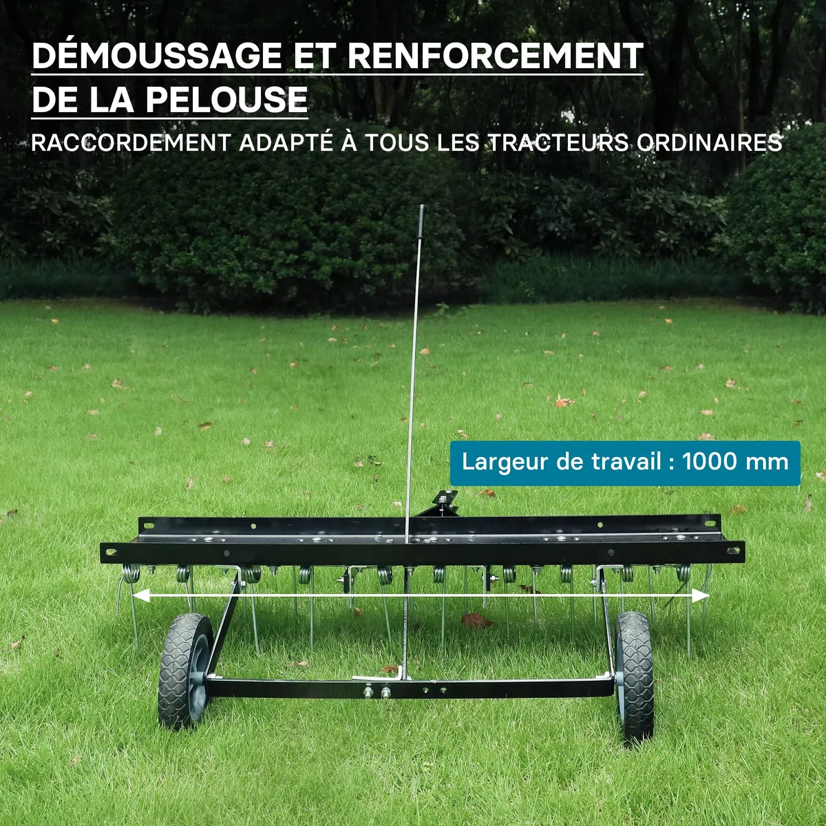 Wiltec Scarificateur Trainé Largeur de Travail 100cm Ressorts en Acier 16,5 cm Hauteur réglable 18 et 22 cm Scarificateur Poids 15 Kg Pelouse pour Tracteur Tondeuse Roues en Caoutchouc ATV