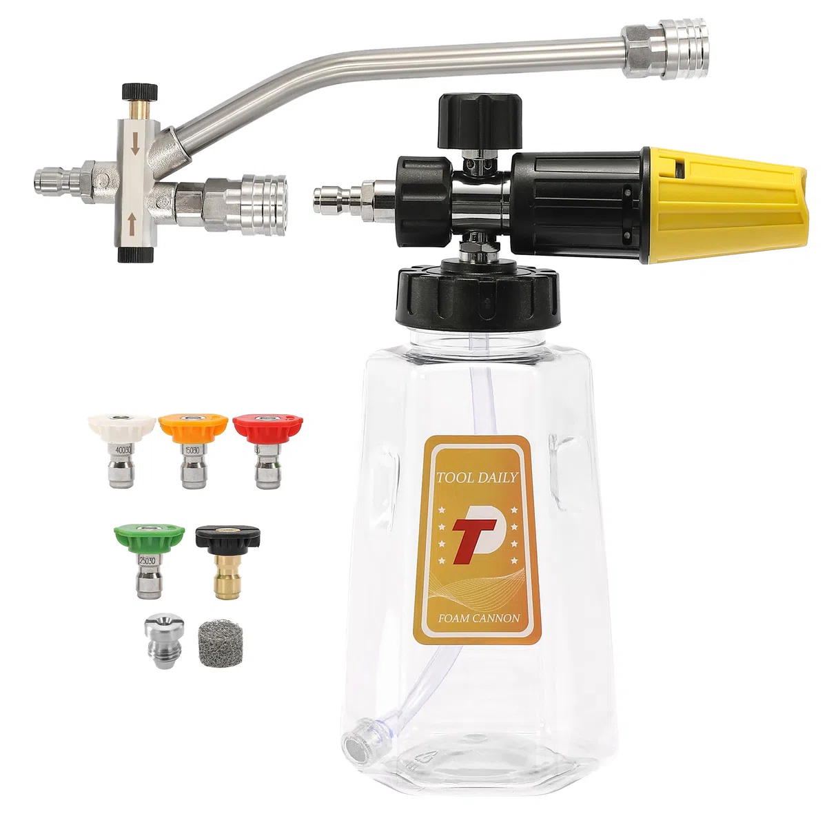 Tool Daily Canon à Mousse Haute Pression avec Accessoire Double Connecteur | Embout Double pour Canon à Savon, Pistolet à Mousse avec 5 Buses de Pulvérisation, Raccord Rapide 1/4", l Litre, 250 bar