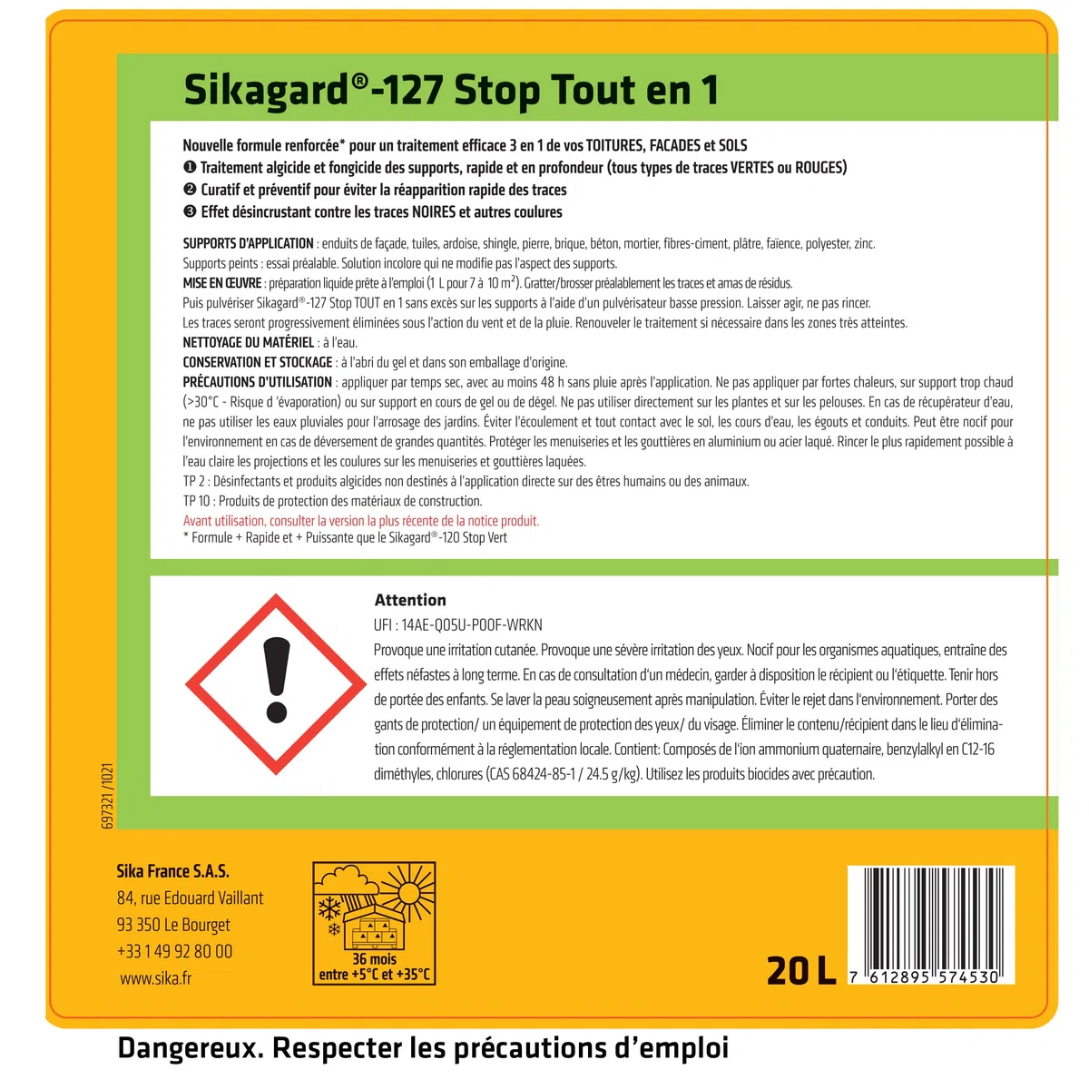 SIKA - Traitement algicide et fongicide - Sikagard 127 Stop Tout en 1 - Traitement curatif et désincrustant pour toiture, façades et sols - Prêt à l'emploi - Anti traces vertes, noires et rouges - 20L
