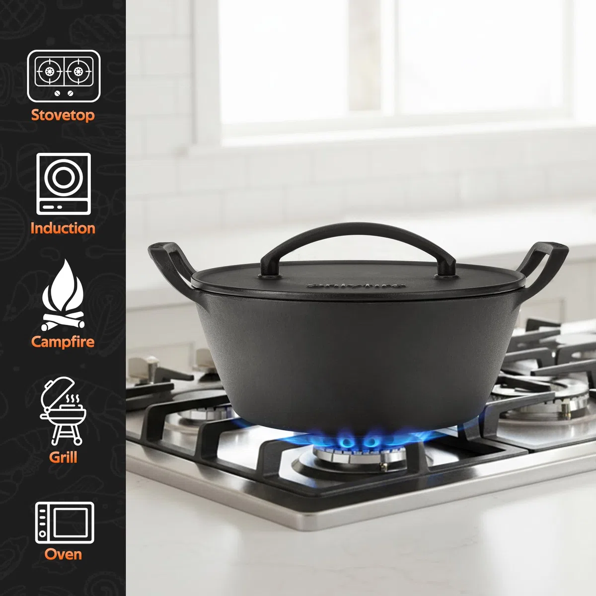 onlyfire Cocotte en Fonte Émaillée 25 cm avec Couvercle | Dutch Oven pour Barbecue et Feu de Camp, Compatible Induction, Gaz et Four, Poignées Larges, Couvercle à Rebord pour Braises