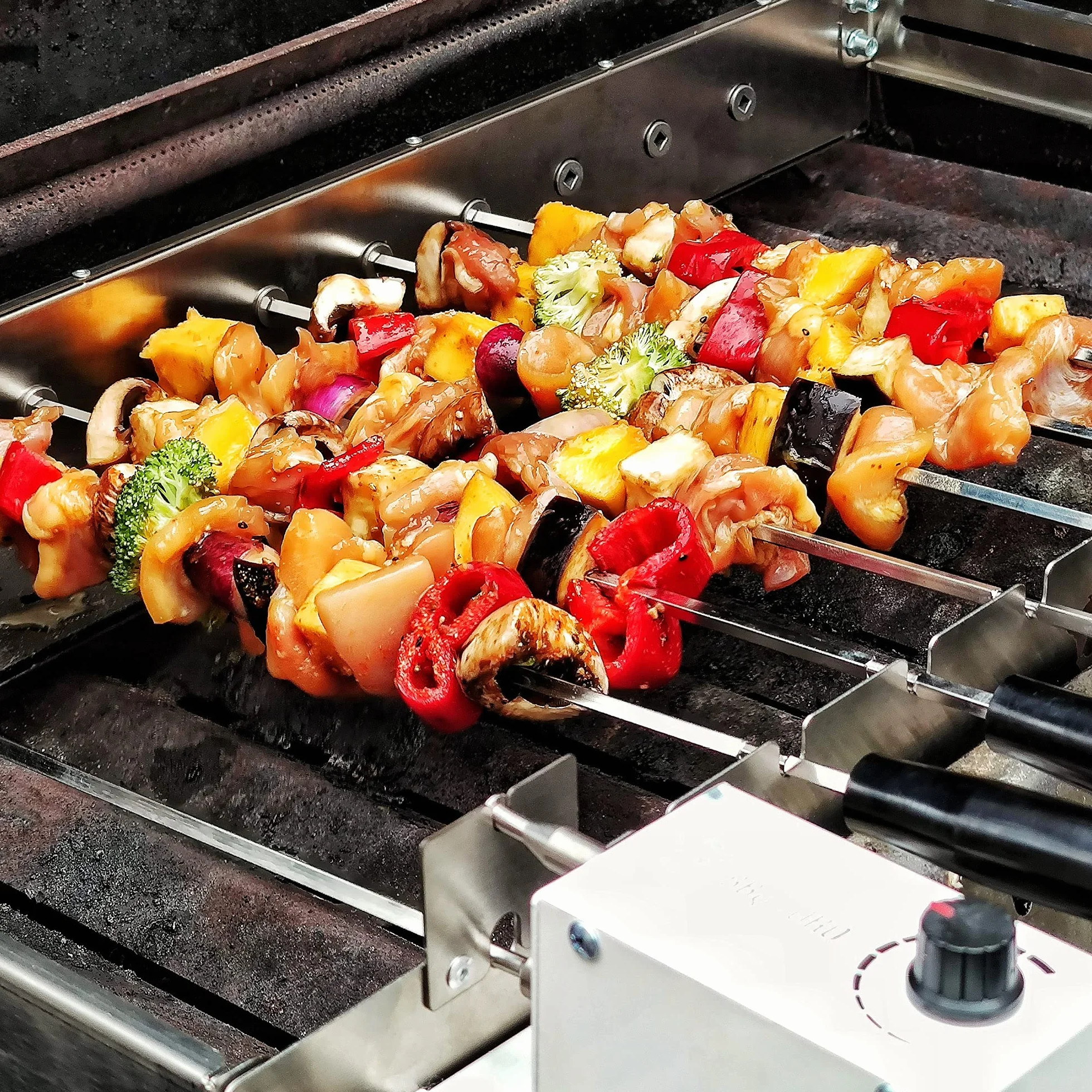 BBQ-Toro Tourne-Broche électrique | Acier Inoxydable - avec 11 brochettes et Moteur - Taille réglable 70 x 26-40 cm - avec Prise d'alimentation et USB - Mangal Chachlik (Moteur Avant Gauche)
