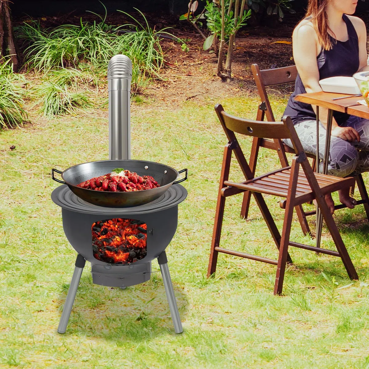 Poêle à bois portable avec anneaux de cuisson 3/4 et bac à cendres - Pieds amovibles - Four en tôle d'acier robuste avec ventilation et cheminée - Pour camping, pique-nique et cuisine en plein air