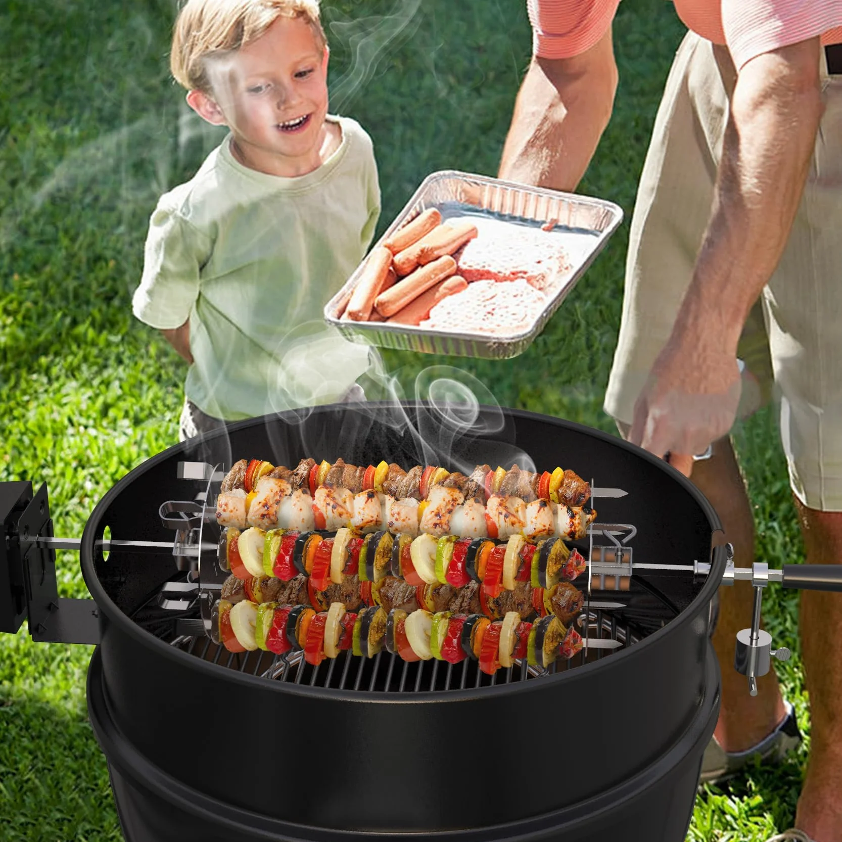 onlyfire Le Système de Brochettes Rotatifs Résistant s'adapte à Tout Gril de Rôtisserie Tournebroche pour Barbecue, Acier Inoxydable, avec 6 Brochettes 41cm Longues, Ø16cm