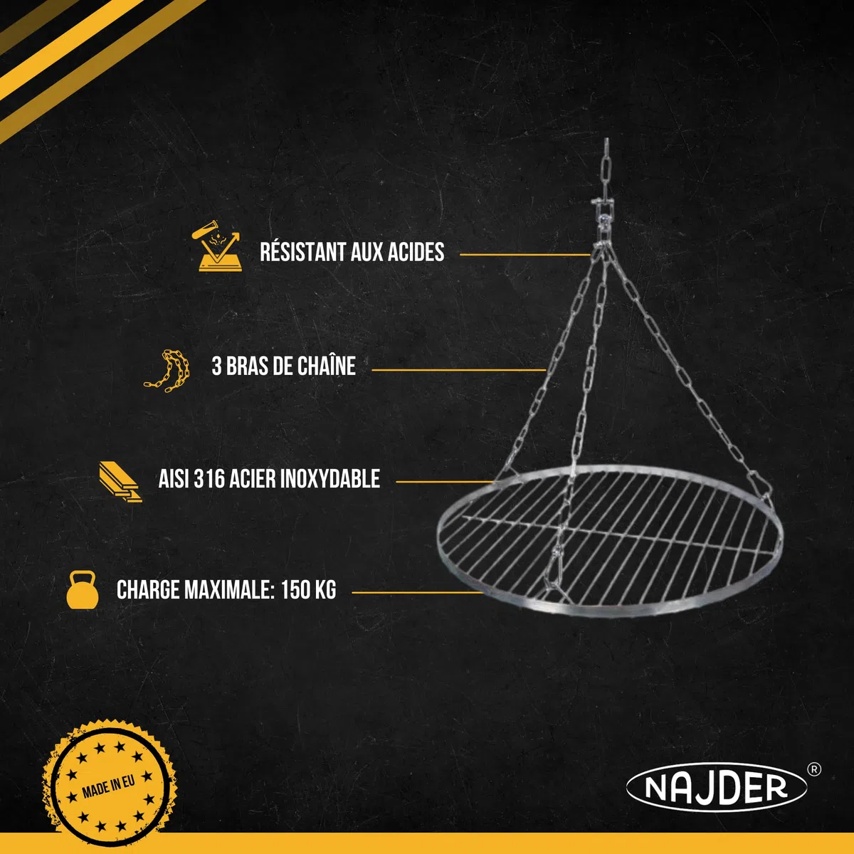 NAJDER Set de Grille Ronde en Acier Inoxydable Ø600 mm avec Chaîne de Suspension Ø3 mm, Grille Ronde pour Barbecue Pivotant avec Jeu de Chaînes, Émerillon et Mousqueton, pour Barbecue Suspendu