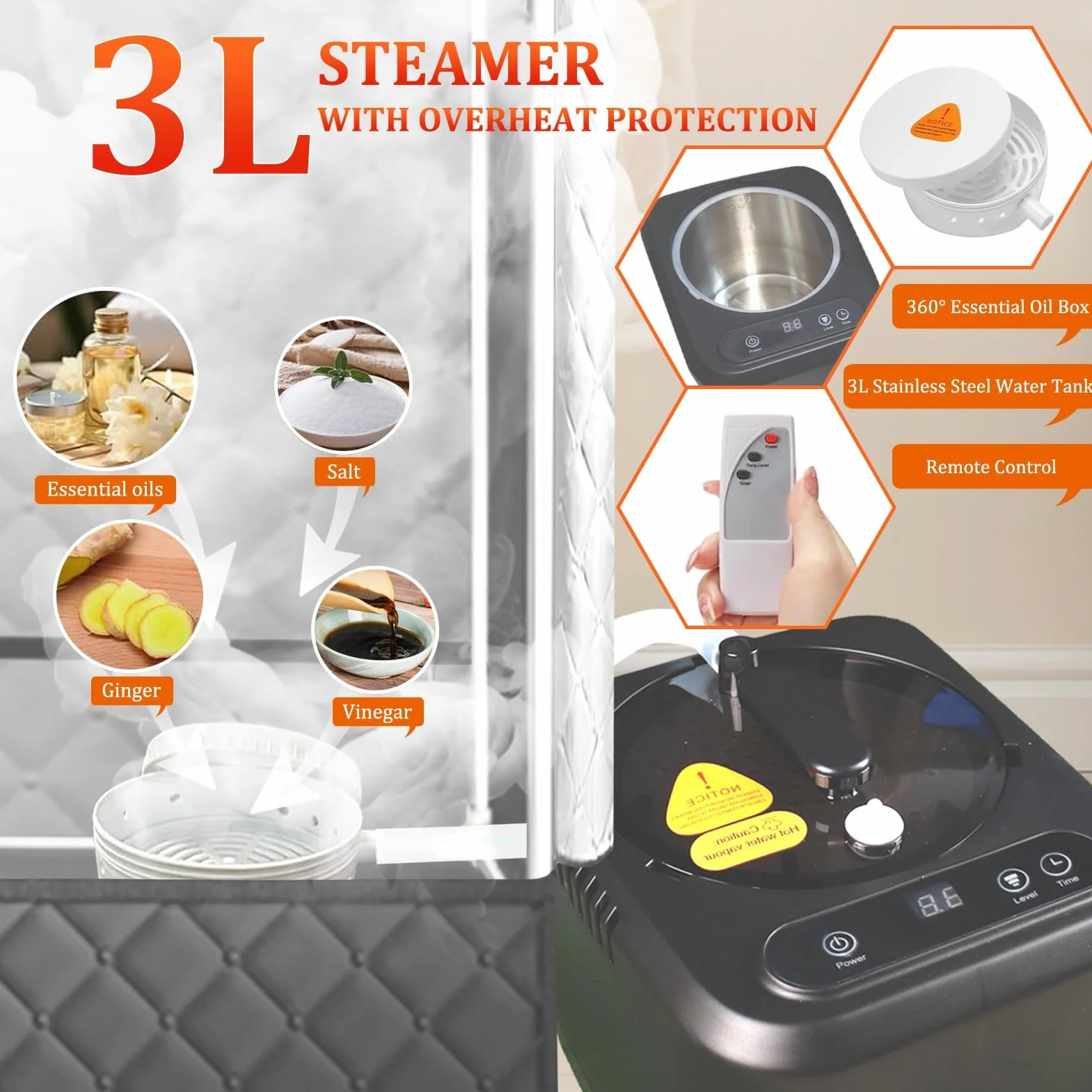 Sauna mobile, sauna à vapeur 3L pour la maison, sauna mobile extérieur, mini sauna pour la maison, accessoires de sauna avec générateur de vapeur 1000W & 3L, chaise de sauna, télécommande