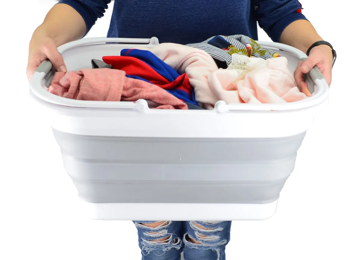 SAMMART Bassine pliable de 29 l avec poignée - Panier de pique-nique portable - Bac de rangement pour économiser de l'espace - Capacité d'eau de 24 l (1, blanc/gris)
