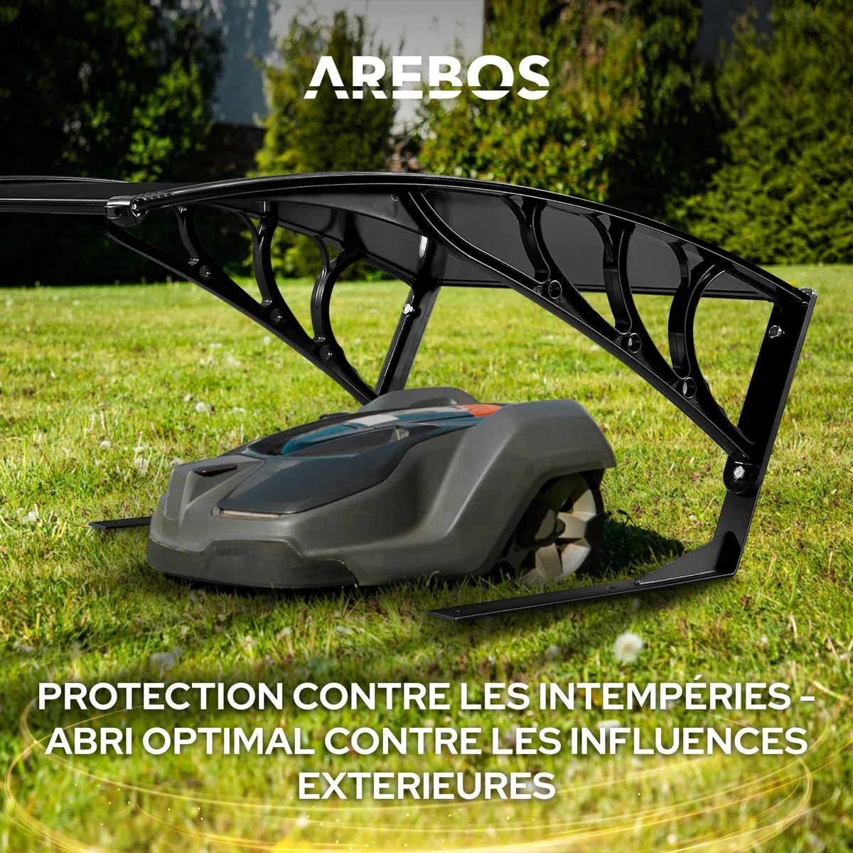 Arebos Garage de Tondeuse Robot | Abri pour Robot | Taille 102 x 79 x 46 cm | Résistant aux intempéries + Protection UV | avec Pieds en métal | matériel de Montage Inclus