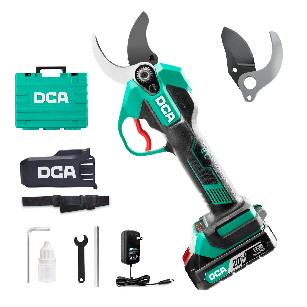 DCA Sécateur Électrique Sans fil 20V, max 35mm Secateur Electrique Moteur Sans Balais avec batterie 2,0Ah, lame SK5 avec étui de sécurité portable pour la taille jardinage vignoble arbres fruitiers