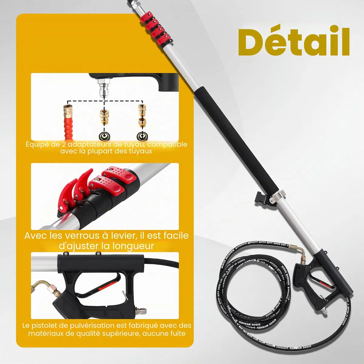 M MINGLE Lance Télescopique Haute Pression 6 m avec Tête de Brosse, 280 bar | Kit de Rallonges Haute Portée, avec 5 Embouts de Buse et 2 Raccords de Tuyau, pour Nettoyage de Gouttières, Fenêtres et Toits