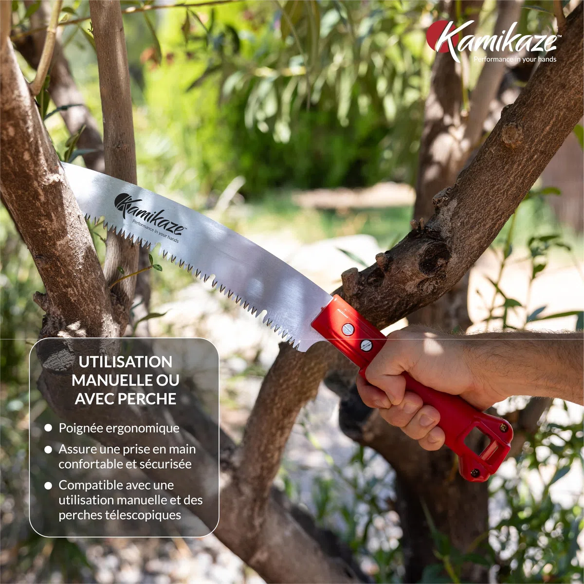 KAMIKAZE Scie multi-tool MT-330 Lame incurvée de 33 cm Coupe japonaise Manche en polyamide rouge Idéal pour l'élagage des branches et l'aménagement paysager