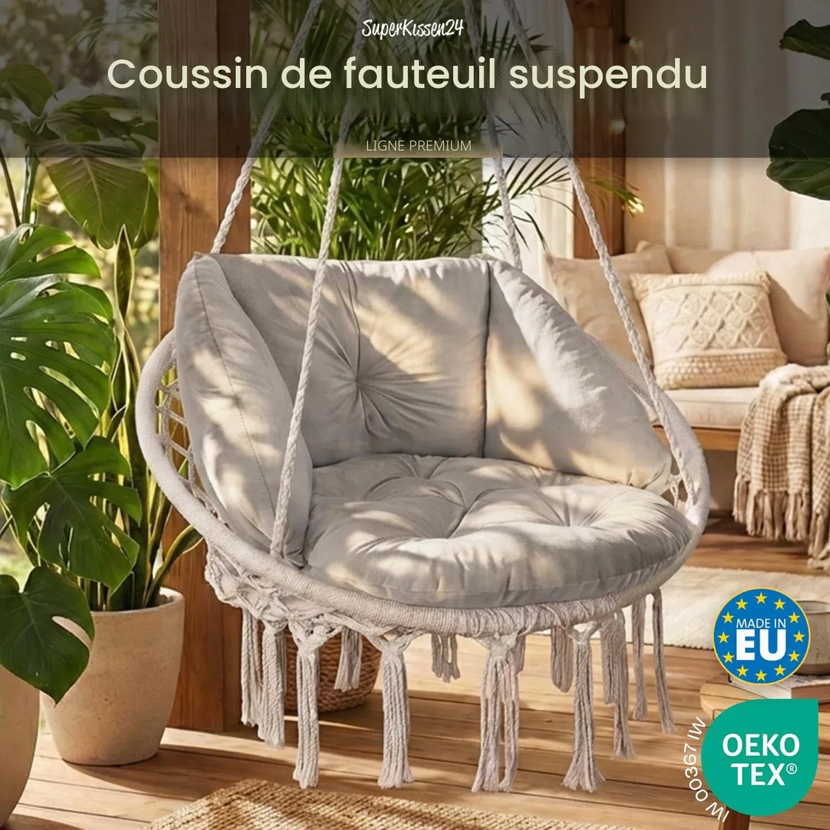 SuperKissen24. Coussin de Fauteuil Suspendu - Coussin Fauteuil Jardin - Oreillers de Oeuf Suspendu - Coussin Rond - Oreiller Moelleux - Argent