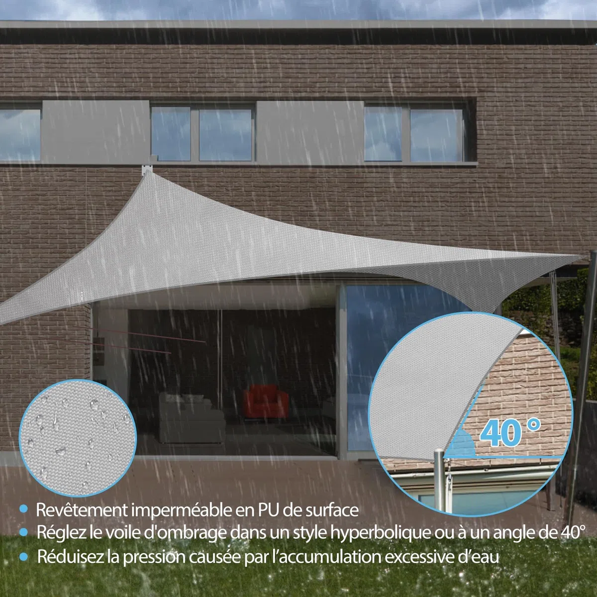 Voile d’ombrage Imperméable & Anti-UV 3x4m, Auvent de Terrasse en Tissu Oxford 420D Épais, Résistant aux Intempéries pour Jardin et Terrasse