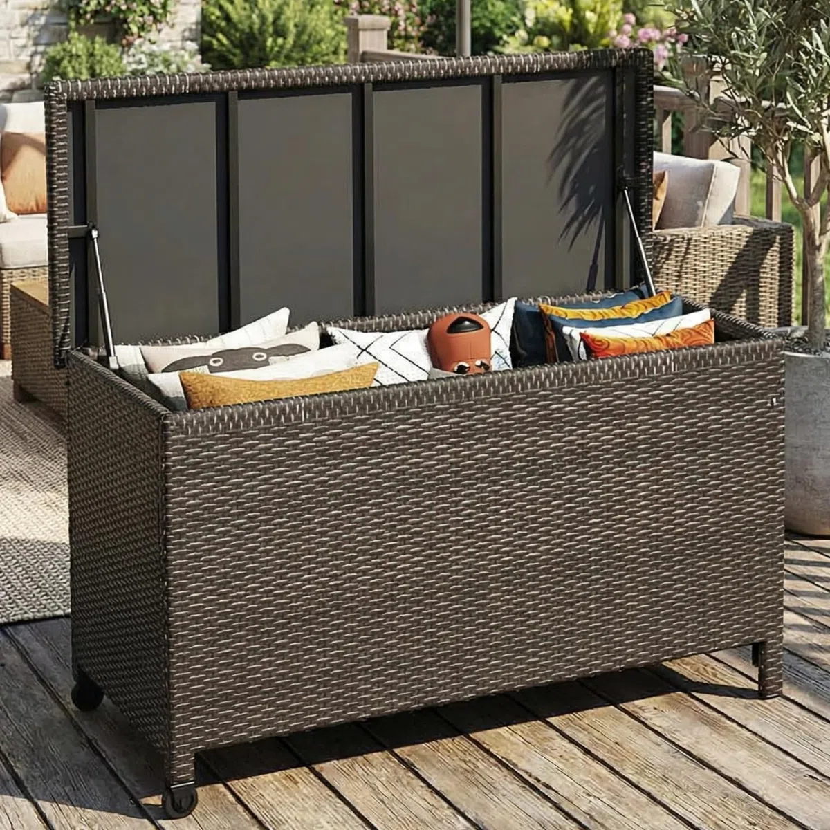 Garvee Grand Coffre De Rangement Extérieur 125 Gallons (473 l) Sur Roulettes, Résine Tressée Imperméable, Poignées Robustes, Idéal Pour Jardin, Terrasse, Piscine Et Balcon
