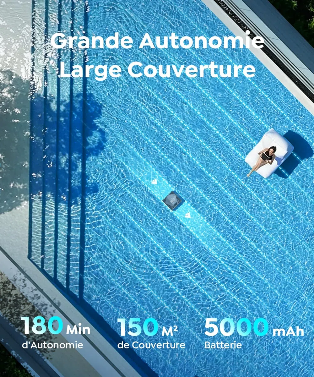C1 Robot Piscine Fond et Parois, Ligne d'eau, Double Filtre, Robot Piscine sans Fil, 7 Modes, 180 Min d'Autonomie, Puissant Aspirateur pour Piscines jusqu'à 150 m², Gris