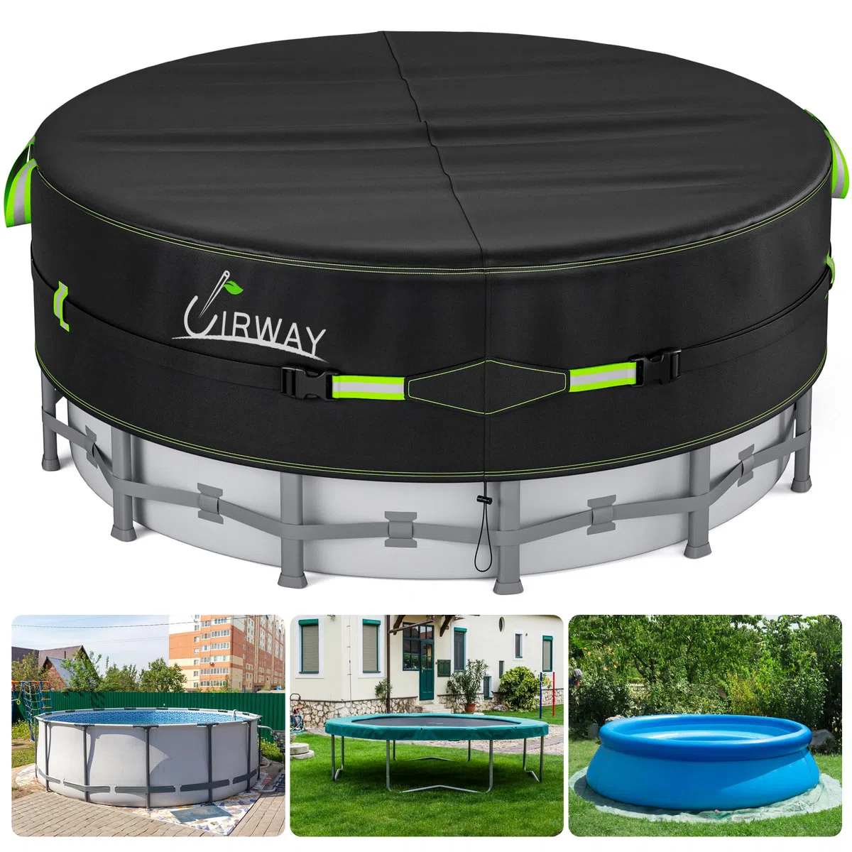 UIRWAY 640 cm Couverture de Piscine Ronde avec Bandes réfléchissantes, Couverture de Piscine pour piscines Hors Sol, Couverture Solaire incluant Une Corde d'attache et des Clous Lumineux au Sol