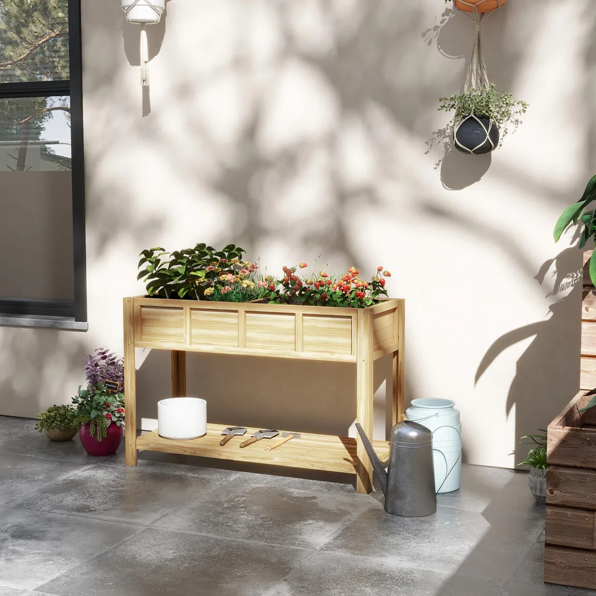 Outsunny Jardinière sur Pieds - Potager avec séparateur Amovible, étagère, Inserts d'irrigation, Feutre de Drainage Inclus - Dim. 115L x 46l x 75H cm - Bois Massif Sapin