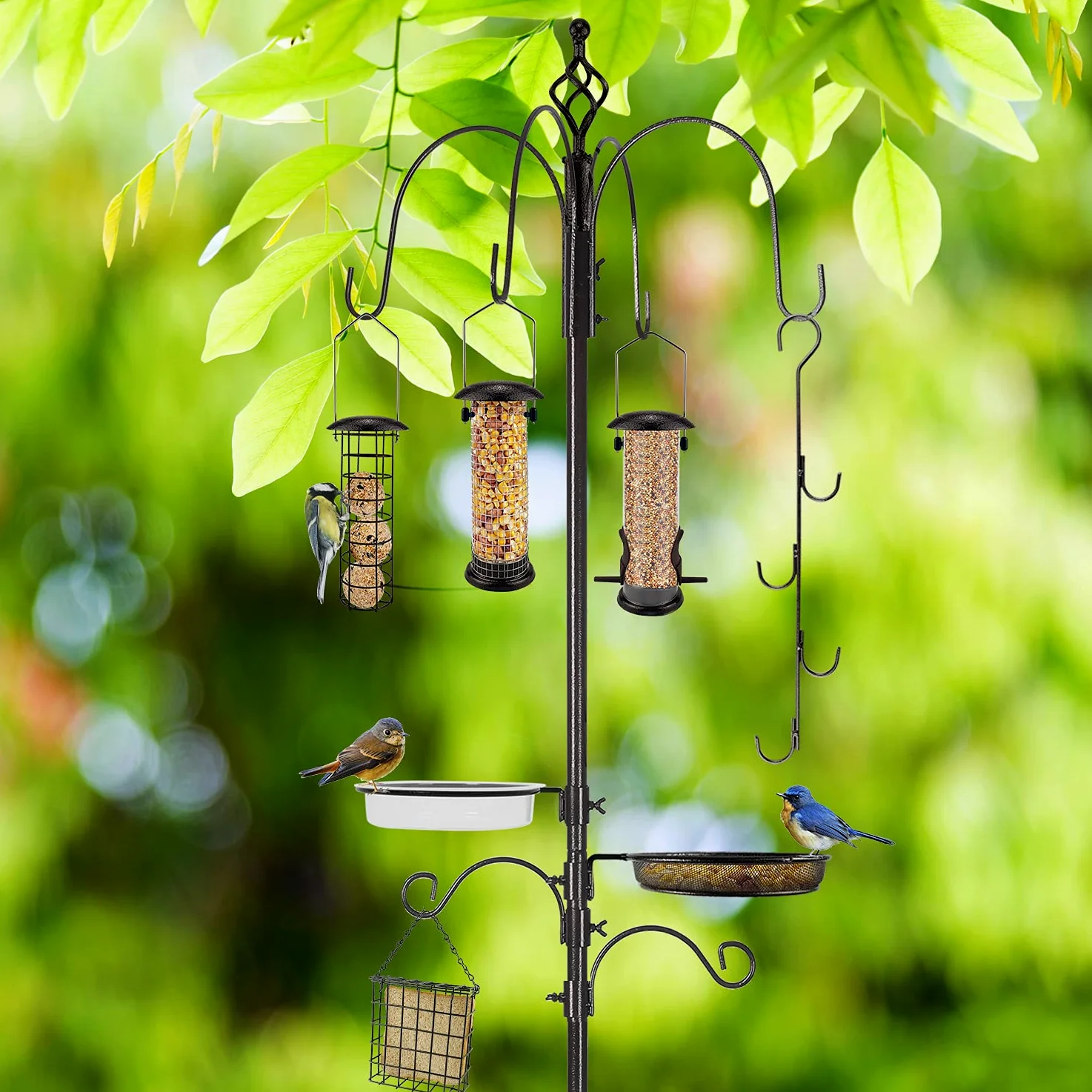 Kit de mangeoire à oiseaux sauvages Urban Deco - Mangeoire à oiseaux robuste - Ensemble de poteau de mangeoire à oiseaux suspendu - Support multi-mangeoires avec mangeoire à graisse en métal - Bain