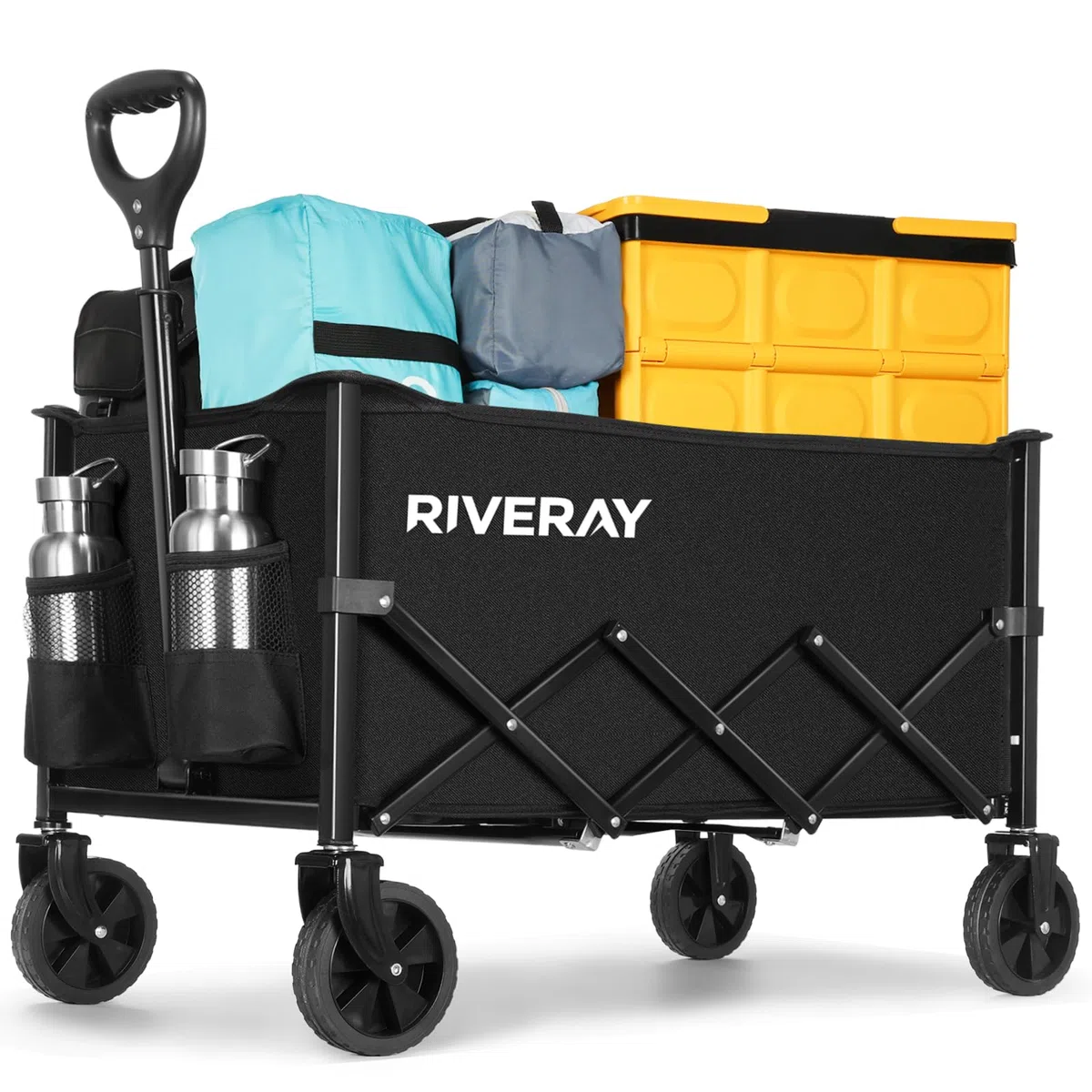 Chariot de Transport Pliable 120L, Montage sans Outil, Chariot Pliable de Jardin et Camping, 4 Roues Tout Terrain Détachables, Poignée Télescopique, pour Plage Jardinage Festival, Noir