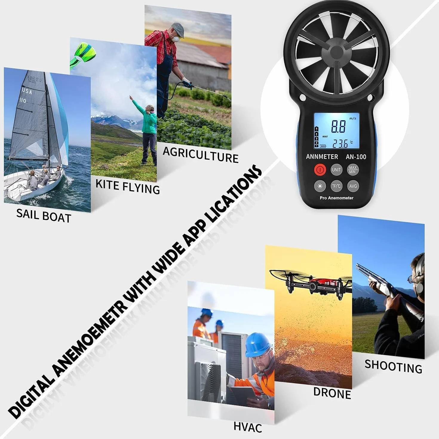 Anémomètre Portable Vitesse du Vent, AIOMEST Mesureur de Vitesse du Vent 30m/s et Température, Détecteur de Débit d'Air pour CVC Chauffage, Exterieur Drone Voile, Portable Anemometer AI-100 avec Étui