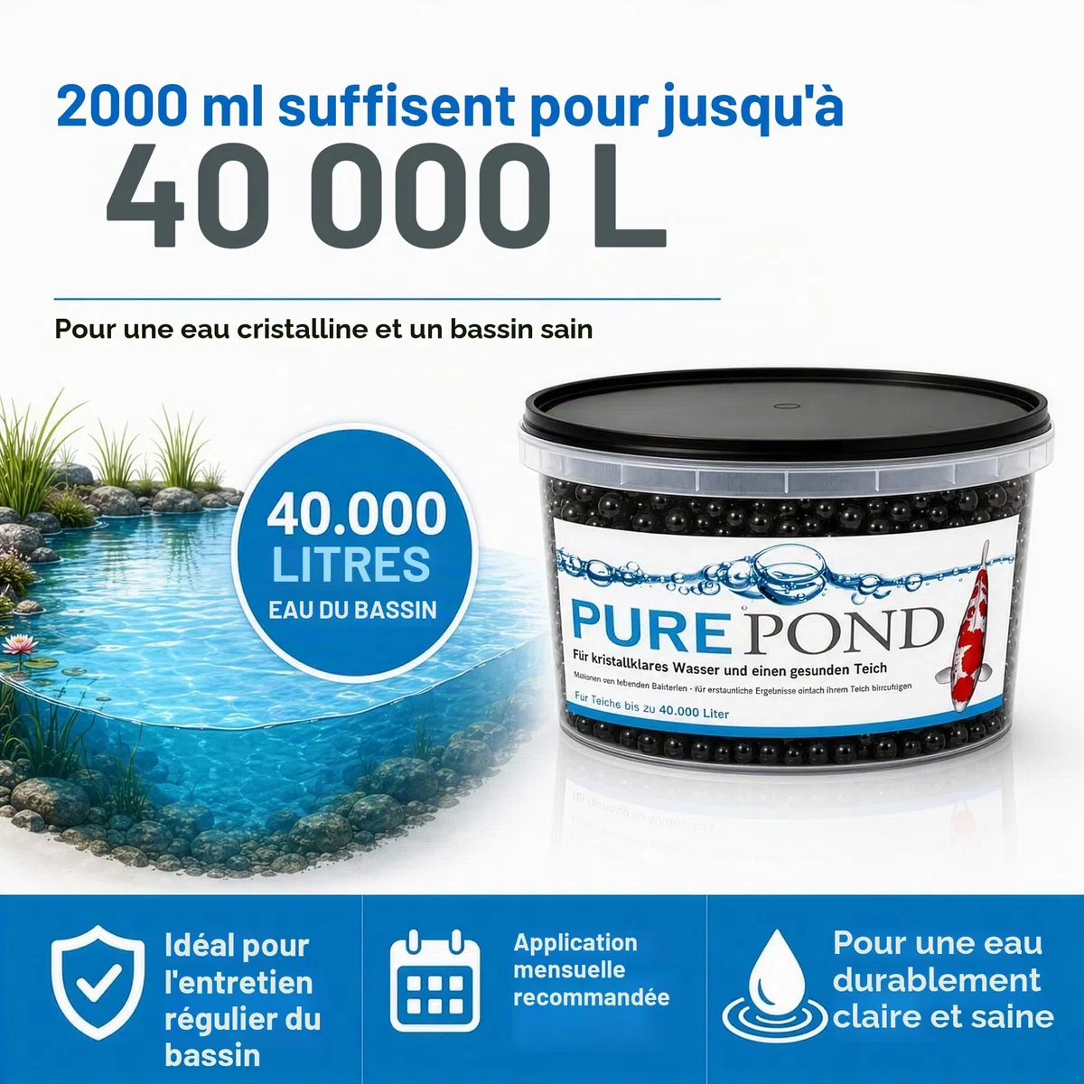 Evolution Aqua Pure Pond 2000 ML - pour 40000 litres - bactéries et enzymes - pour Filtre Eau Filtration Entretien Bassin Aquarium - régulation des valeurs Ammoniac et Nitrite - aquariophilie