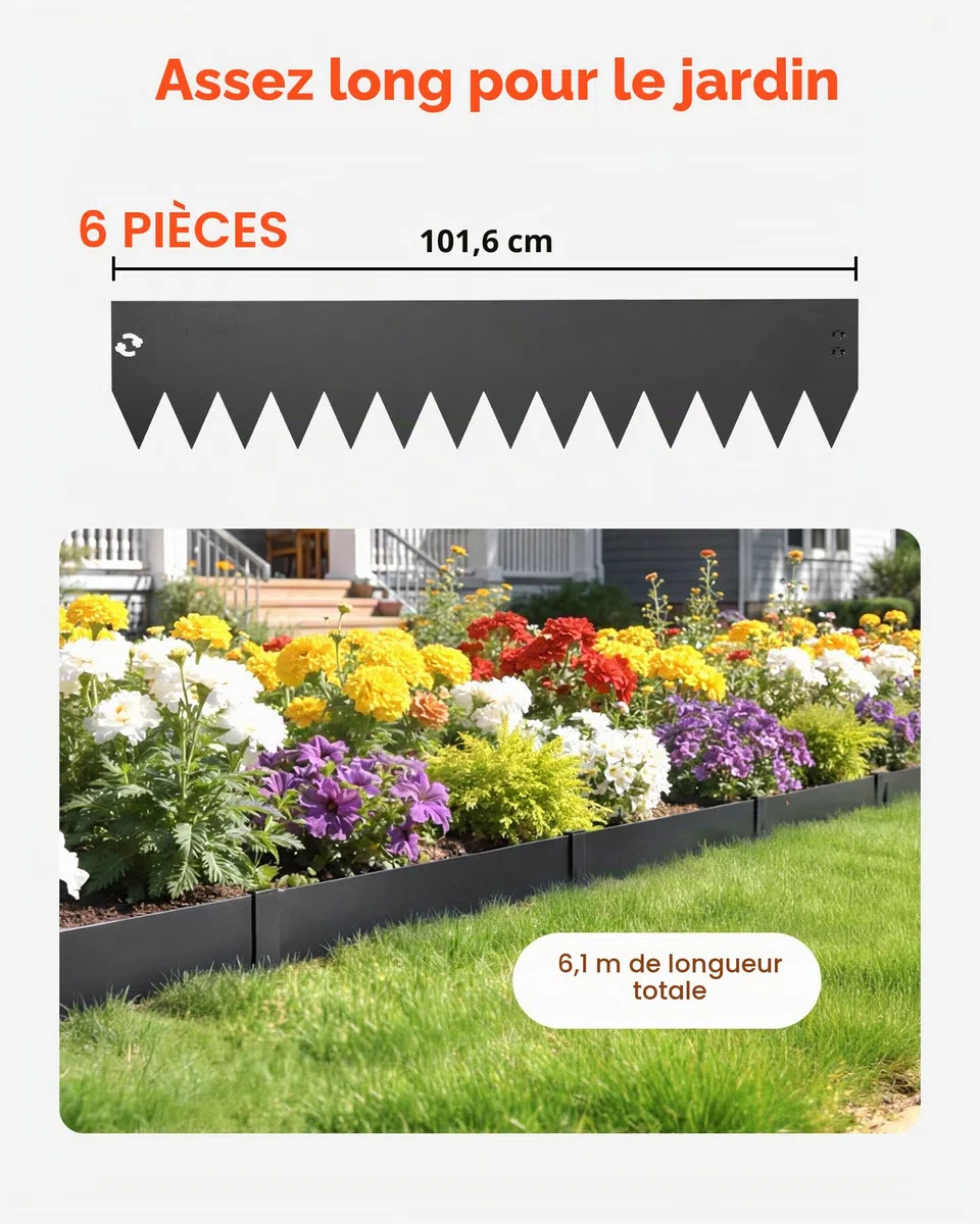 VEVOR Bordure de Jardin Métal 101,6x20,3 cm Bordure de Pelouse Acier Galvanisé Lot de 6 pour Massifs Fleurs, Allées, Délimitation Espace, Aménagement Paysager, Flexible, avec 6 Clips de Fixation, Noir