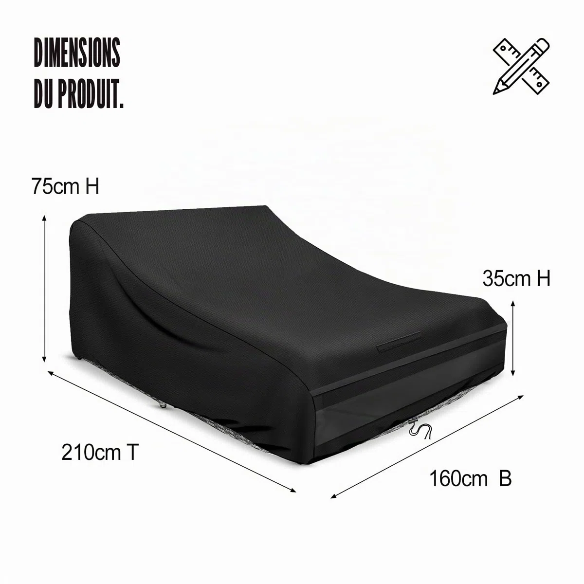 Schleuder Housse de chaise longue pour 2 personnes, 210 x 160 x 35/75 cm, housse 420D, imperméable, coupe-vent, résistant aux UV, noir