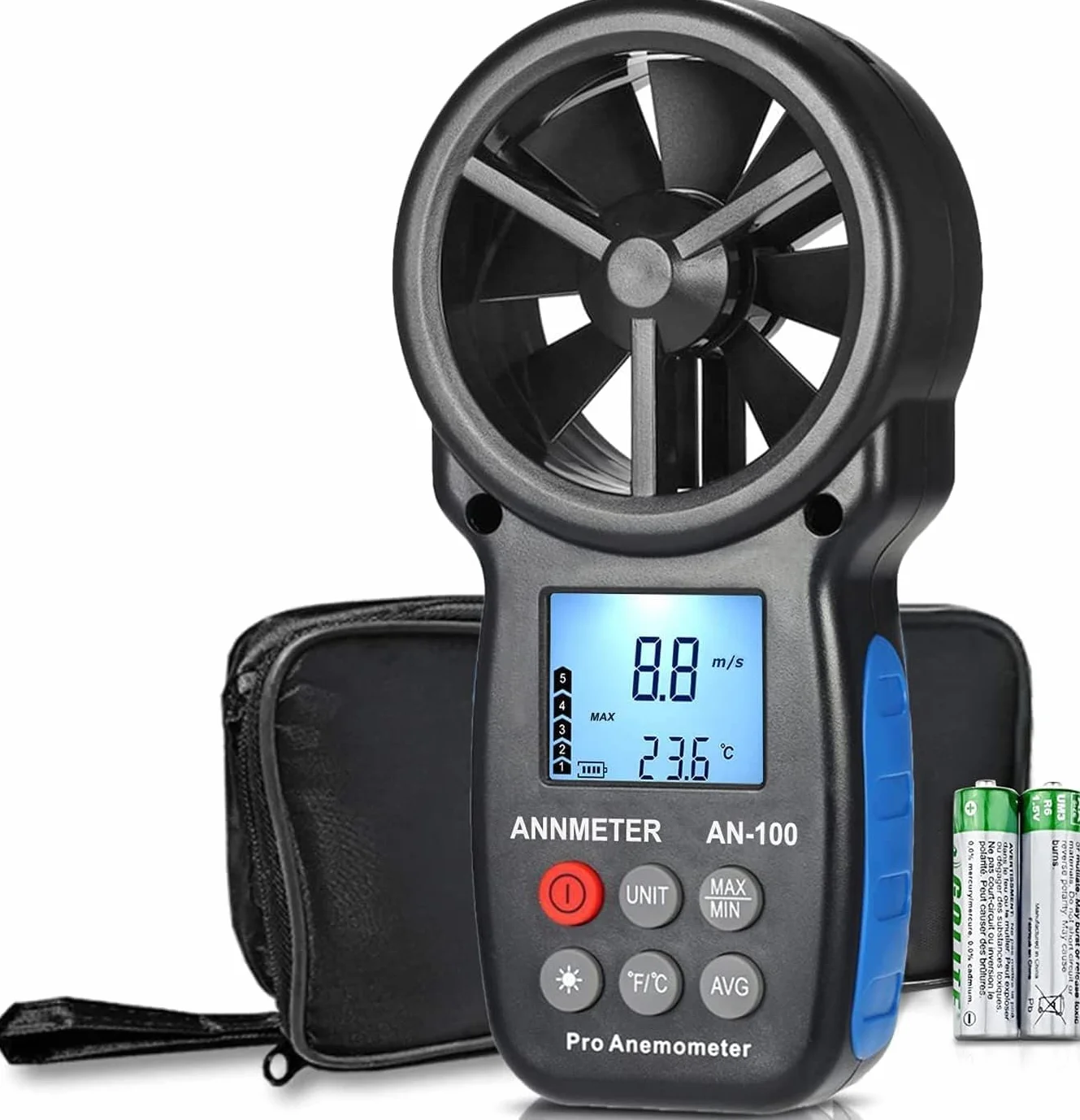 Anémomètre Portable Vitesse du Vent, AIOMEST Mesureur de Vitesse du Vent 30m/s et Température, Détecteur de Débit d'Air pour CVC Chauffage, Exterieur Drone Voile, Portable Anemometer AI-100 avec Étui