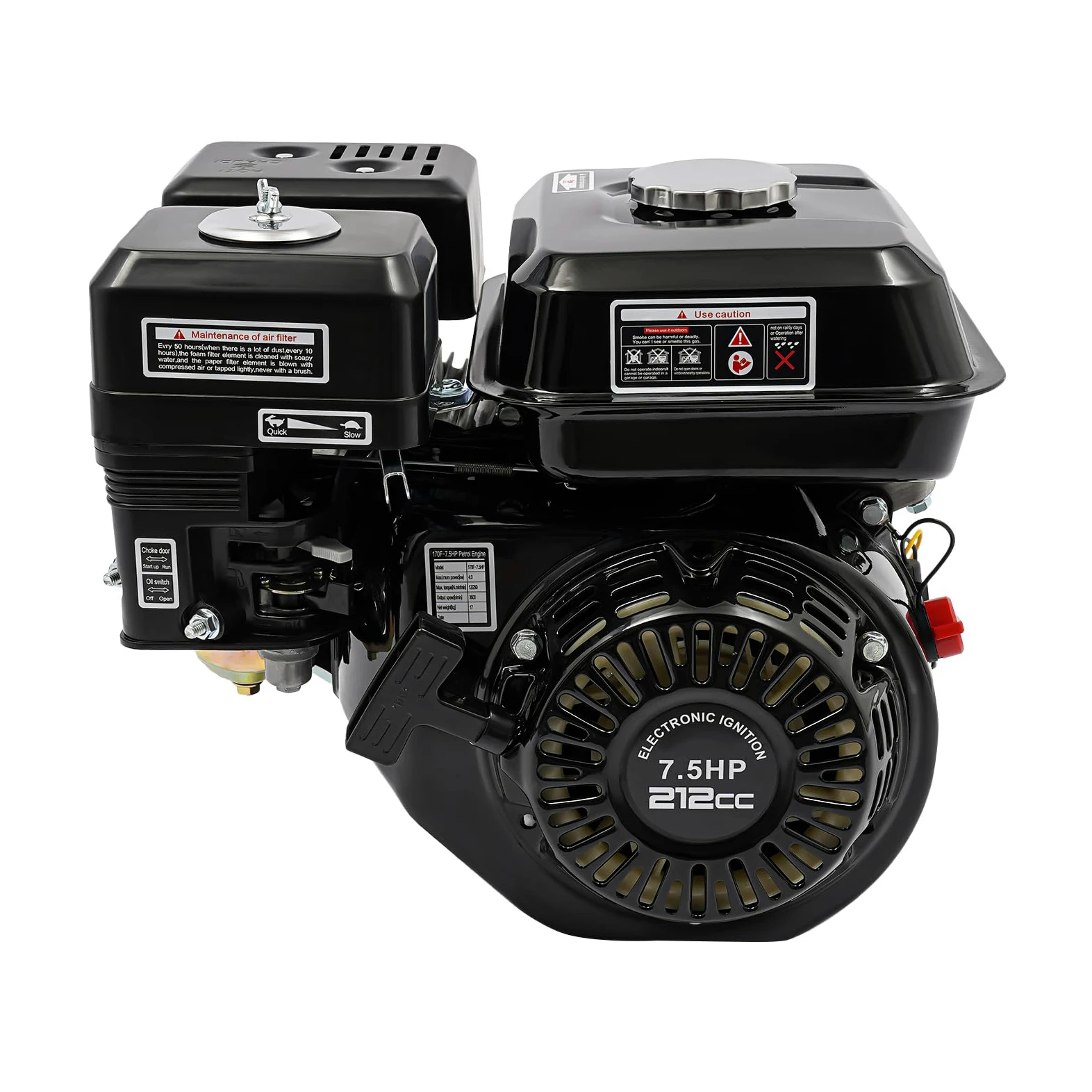 Moteur à essence 7,5 CV 4 temps - Moteur sur pied - Moteur de rechange - Moteur monocylindre - Avec sécurité en cas de manque d'huile - Arbre de 20 mm de diamètre - Refroidi à l'air - 3600 tr