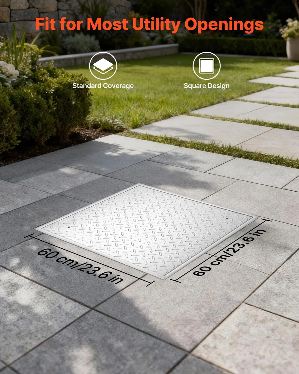 VEVOR Plaque d'Égout avec Cadre, Couvercle de Regard Carré de 60x60 cm, pour Inspection de Drainage Bouche d'Égout Trottoir Jardin, Couvercle de Fosse Septique en Acier au Carbone Antidérapant
