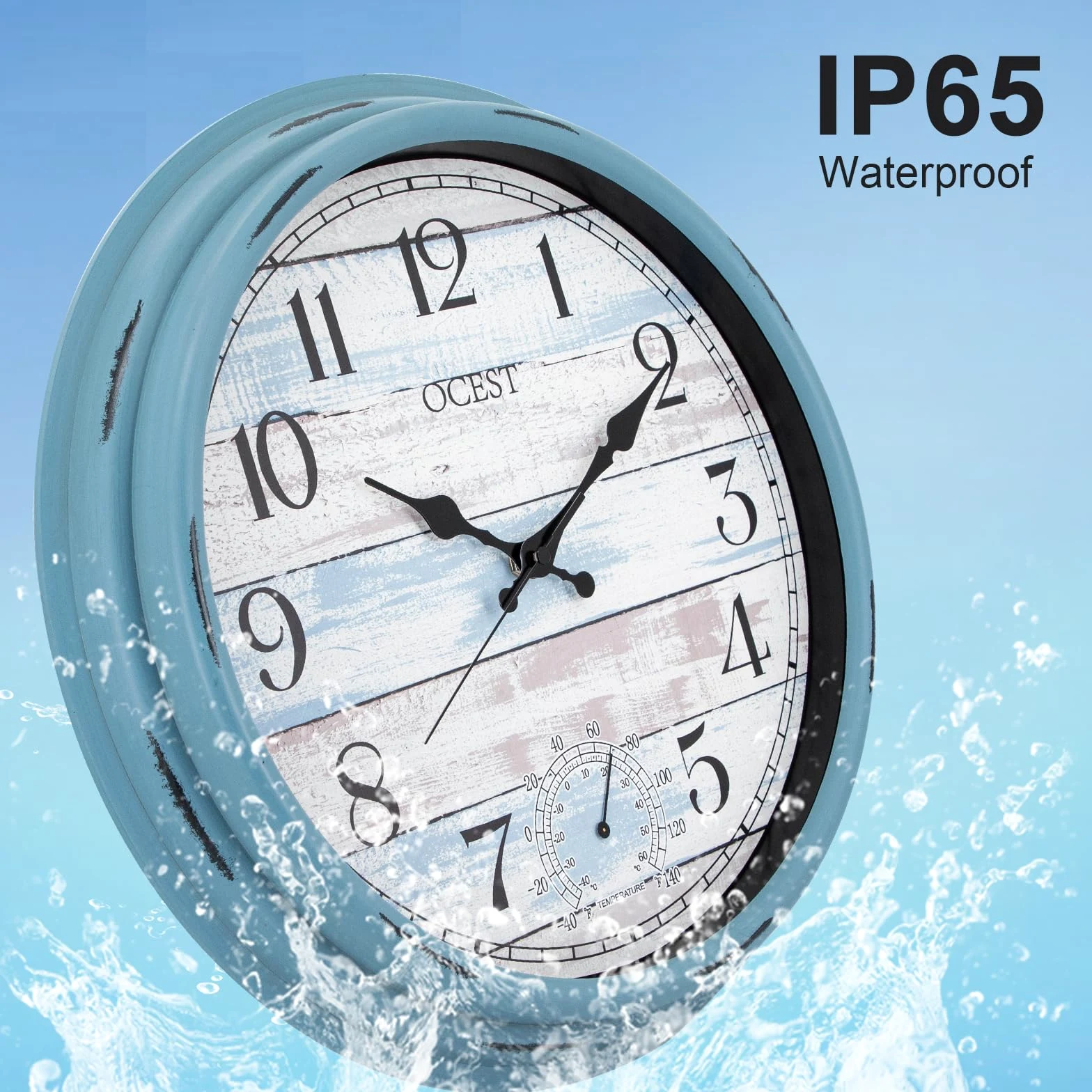 OCEST Grande horloge murale d'intérieur et d'extérieur de 40,6 cm, étanche avec thermomètre, résistante aux intempéries, sans tic-tac, horloge décorative à piles pour terrasse, piscine, porche,