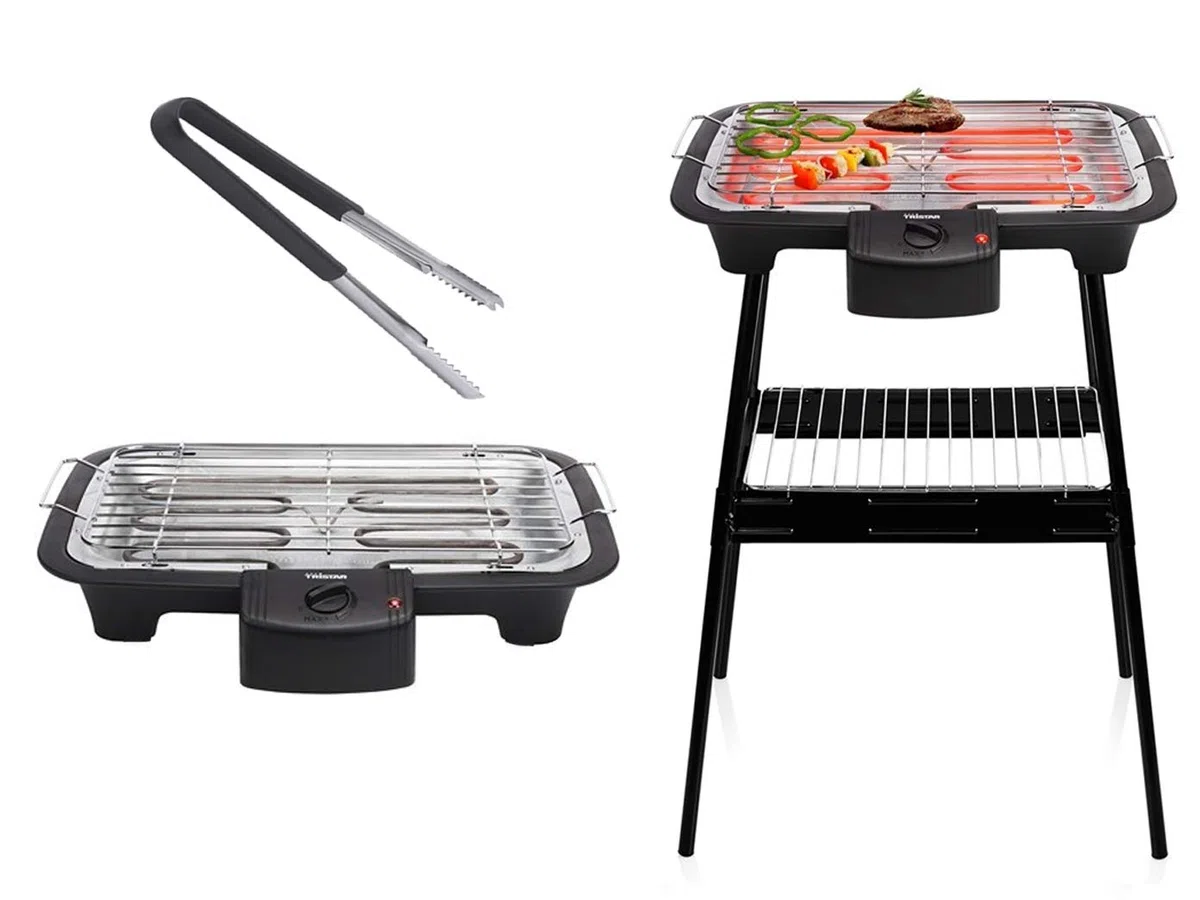 Tristar Barbecue électrique polyvalent avec pince à barbecue – Utilisable comme barbecue sur pied et barbecue de table – Idéal pour le camping