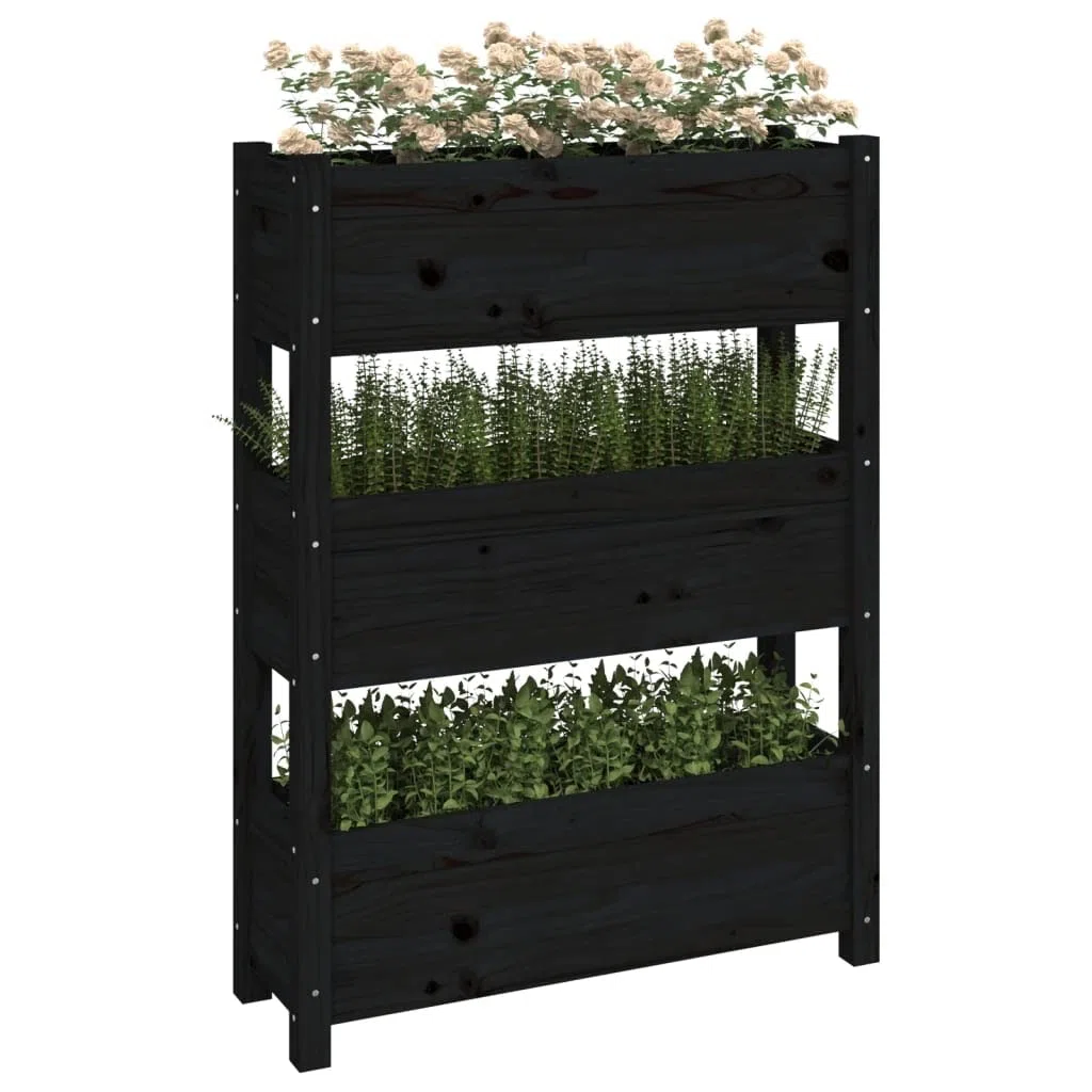 Jardinière Noir 77x25x104,5 cm Bois Massif de Pin - Carré Potager Vertical 3 Bacs pour Balcon, Jardin et Terrasse - Lit Surélevé Robuste et Grand Espace de Plantation