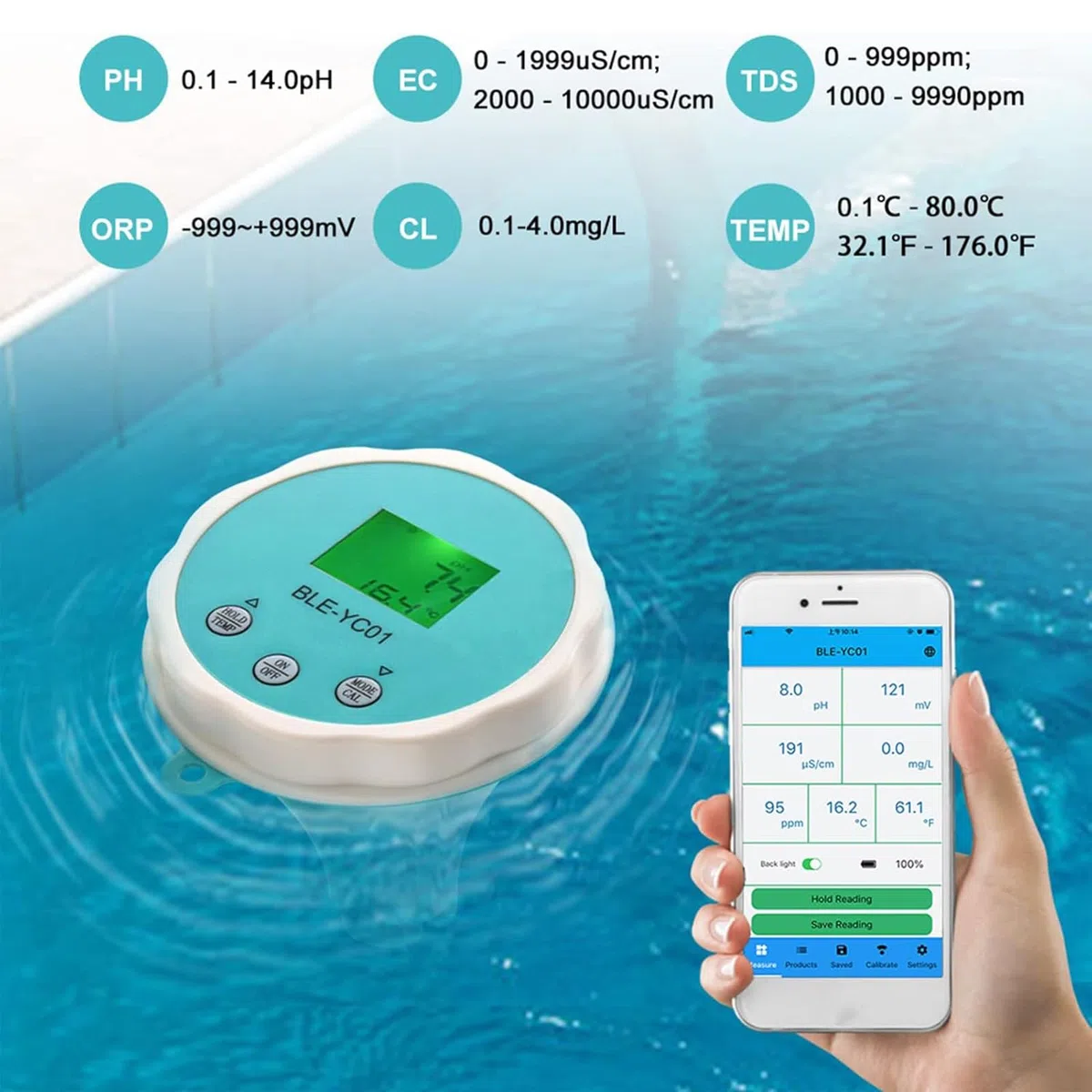 Testeur d'eau de piscine numérique 6 en 1 avec application - Mesure professionnelle du pH, du redox, du chlore, de l'EC et de la température - Détecteur de qualité de l'eau