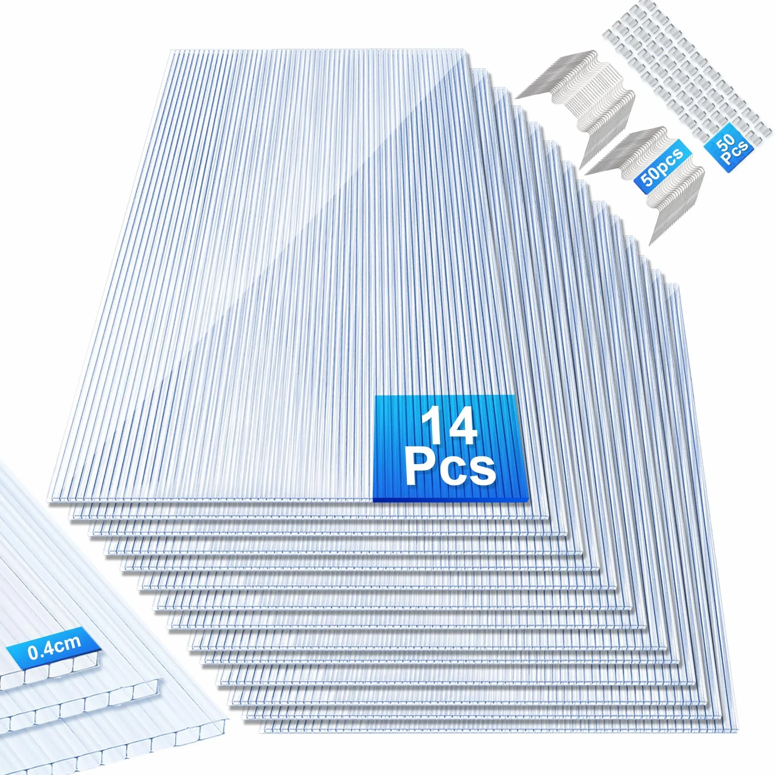 Sonnewelt Plaques de Serre 14 pcs, avec 50 x W-Clips et 50 x Z-Clips,Polycarbonate alvéolaire découpables,60,5x121 cm Polycarbonate alvéolaire 4mm Clair,pour Serre Horticulture etc.