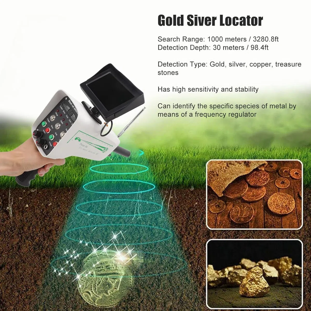 Détecteur de métaux professionnel avec écran LED 3D, scanner portatif pour la chasse au trésor souterraine or, argent, cuivre et identification de l'emplacement