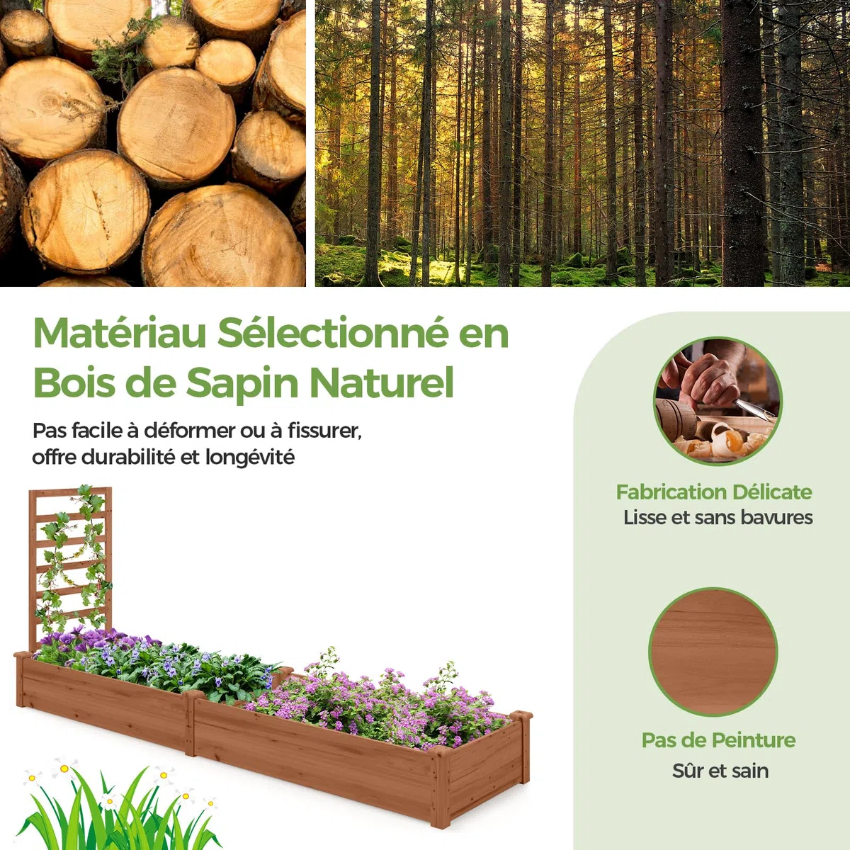 GOPLUS Carre Potager avec Treillis, 235x63x102 CM, Jardinière en Bois avec Fond Ouvert pour Fleur, Légume, Herbe Grimpante, Bac à Plantes, Assemblage DIY, Potager Exterieur pour Jardin, Patio, Balcon
