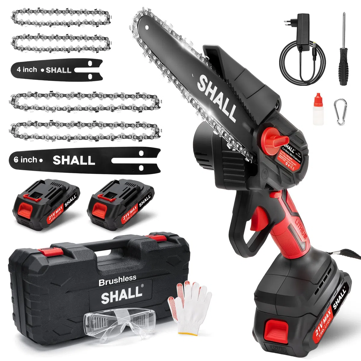SHALL Mini tronçonneuse portable,Moteur sans balais 21 V,2 batteries à charge rapide,4 chaînes, coupant des branches, de jardinage meilleur choix pour mari, père, amateurs de bricolage en bois