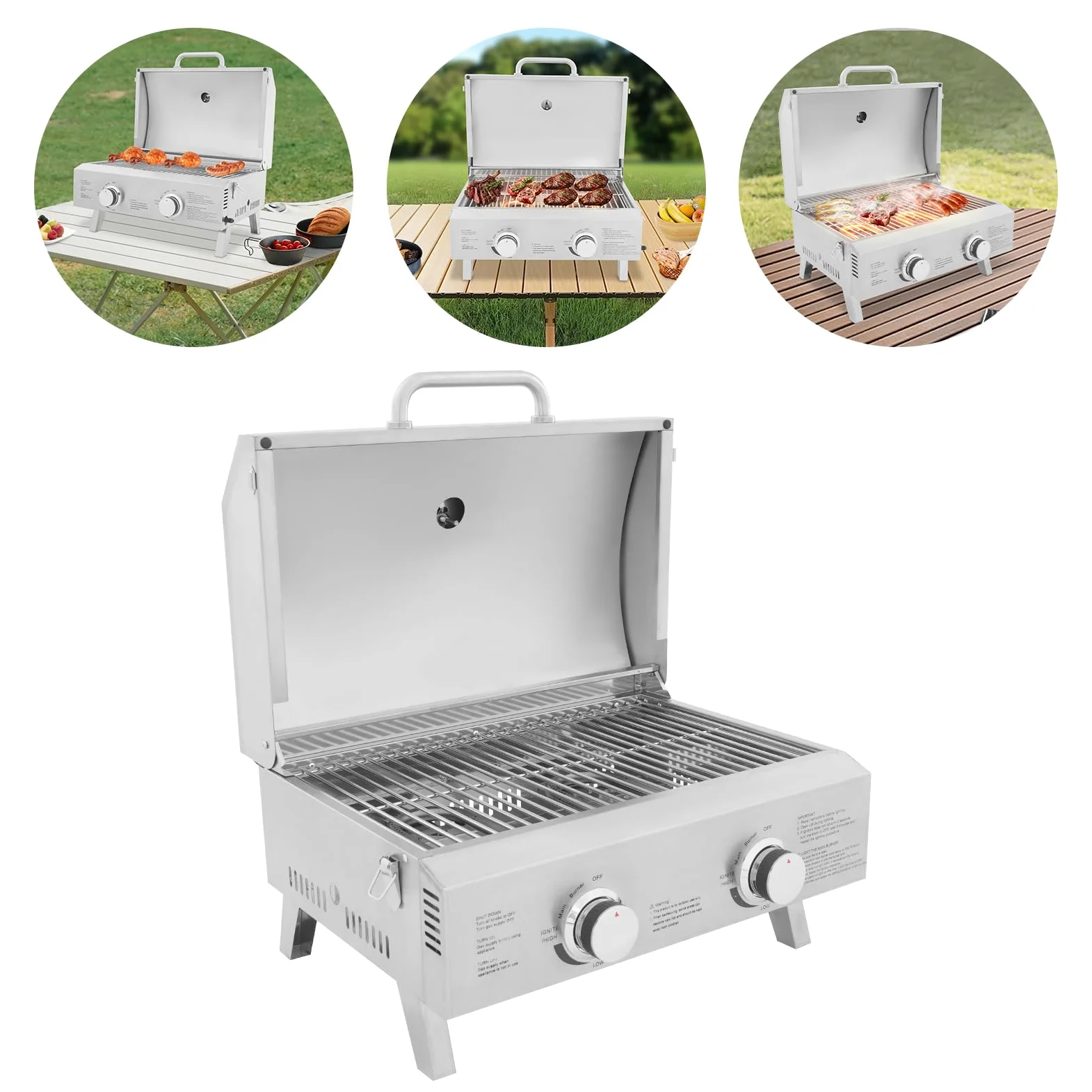 Barbecue à gaz gastro avec 2 brûleurs - En acier inoxydable - Avec couvercle - Pliable - Portable - Pour terrasse, excursions en camping-car et pique-nique
