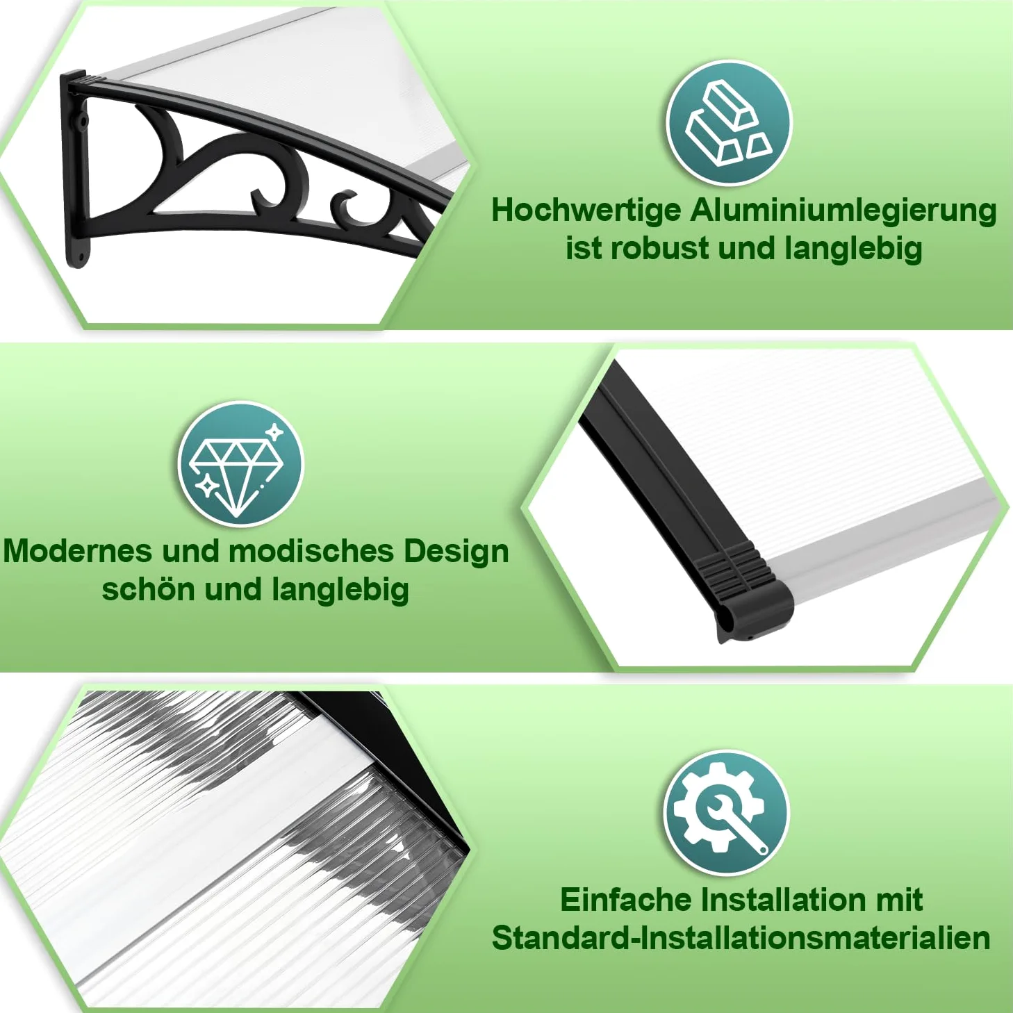 Gimisgu Auvent pour Porte d'entrée - 120 x 100 cm - en Polycarbonate Transparent - 5 mm - Support en polypropylène - Toit de Porte pour l'extérieur - Protection Contre la Pluie